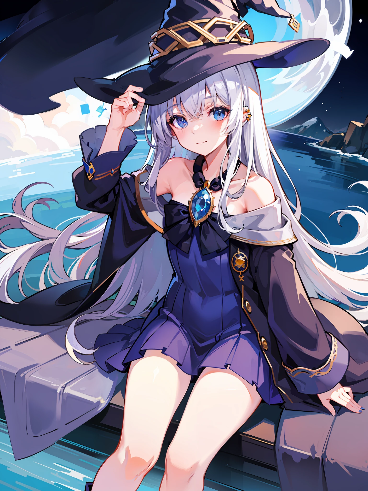 masterpiece,1girl,solo,elaina,
(darkblue style costume, majo costume, witch hat, brooch:1.6),
small breasts,
light smile, holding knees
bull body,bottom-up perspective,
outdoor, clock tower, night, moon
white dress,blue ribbon, boots
peaceful, serene, quiet, tranquil, remote, secluded, resourcefulness, observation, adaptability, creativity, imagination, artistry, awe, inspiration, wonder, gratitude, appreciation, relaxation, enjoyment, rejuvenation, mindfulness, awareness, connection, harmony, balance,
texture, detail, realism, depth, perspective, composition, color, light, shadow, reflection, refraction, tone, contrast, foreground, middle ground, background, naturalistic, figurative, representational, impressionistic, expressionistic, abstract, innovative, experimental, unique