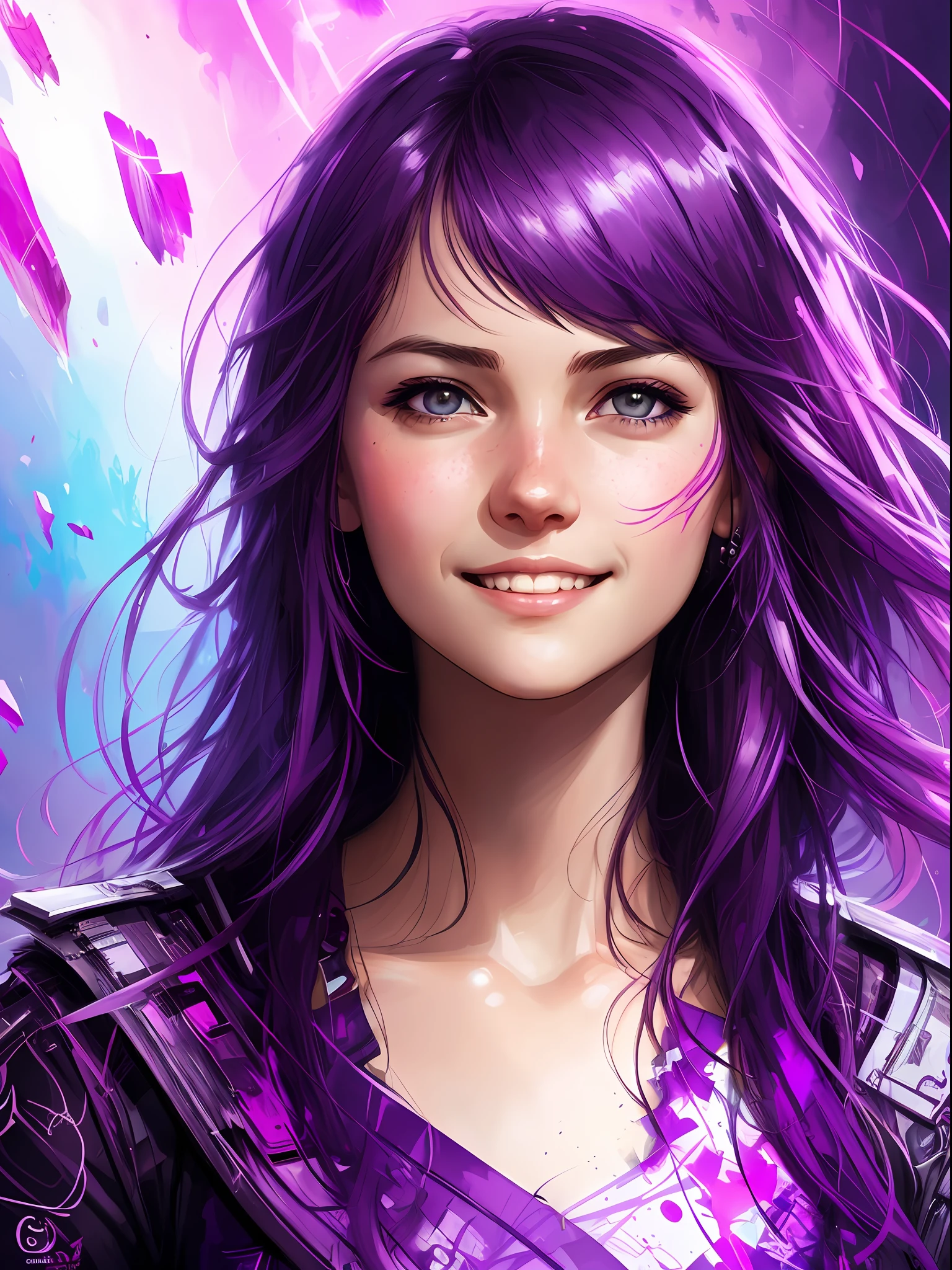 happy girl, centered, looking at the camera, approaching perfection, dynamic, shades of purple, highly detailed, digital painting, art station, concept art, smooth, sharp focus, illustration, art by Carne Griffiths and Wadim Kashin, detailed face, 4k