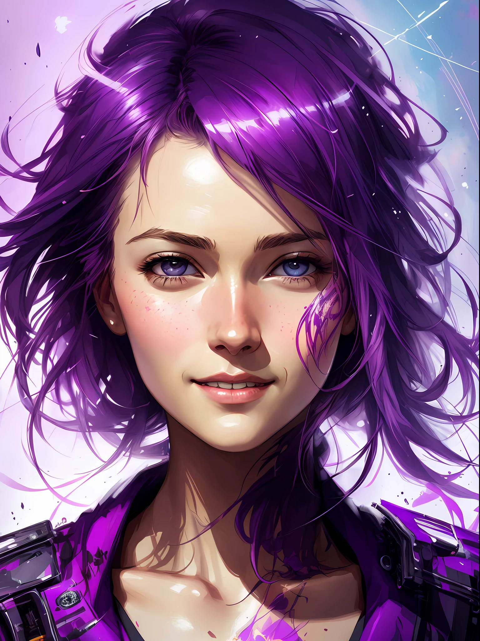 happy girl, centered, looking at the camera, approaching perfection, dynamic, shades of purple, highly detailed, digital painting, art station, concept art, smooth, sharp focus, illustration, art by Carne Griffiths and Wadim Kashin, detailed face, 4k