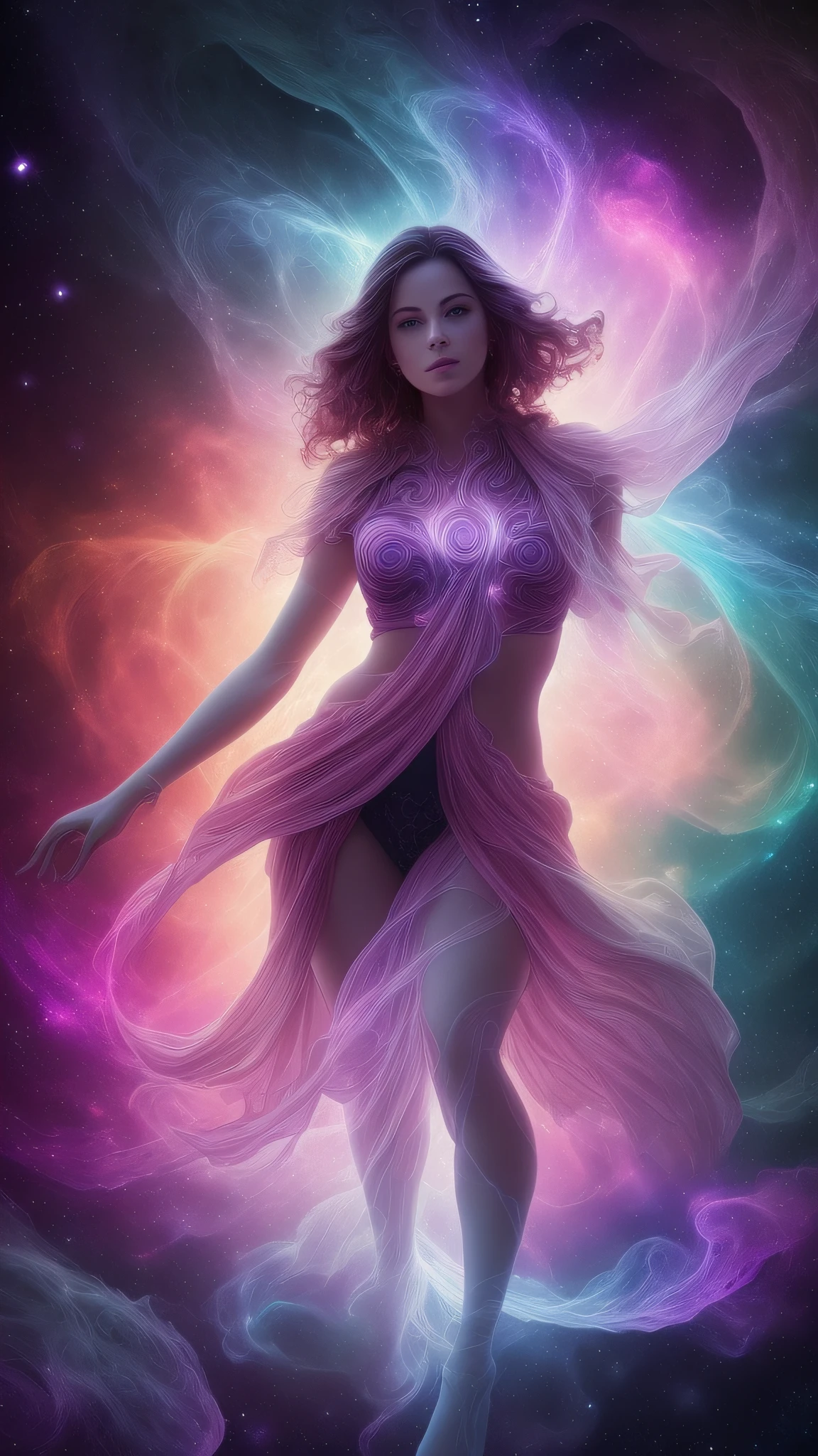 inconceivable and spectacular a scene of emergence of a figure from the glowing cloud, fractal nebula threads, cosmic entities, celestial, cosmic, vibrant and vivid, swirls, twirling, unrealistic, high contrast, symobolism, magical, mystical, mystifying, hyperrealistic, oversaturate, colorfully
