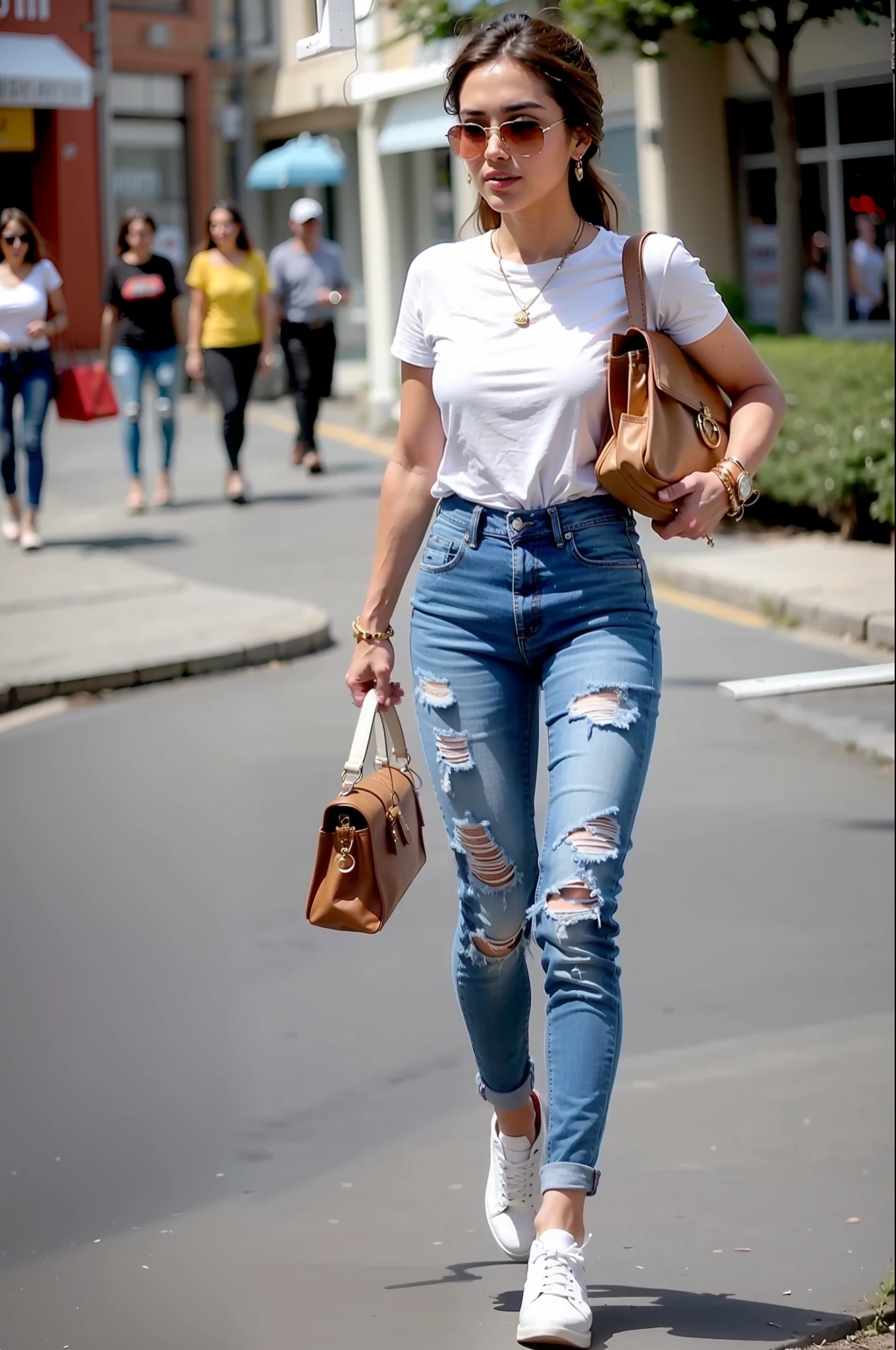 There is a saying that "cowboy style never goes out of fashion", so wearing denim elements in summer can be considered a classic choice. The most basic denim element is undoubtedly a pair of skinny jeans, which has a very slimming effect when worn close to the body. Pairing them with super slimming designed white sneakers or sport shoes is also effective, and even if you wear high heels, remember to choose cool and breathable styles! To add some fun, you can choose a simple and fresh light-colored T-shirt for the upper body, and then add a bold red sunglasses to radiate playful and cute energy.