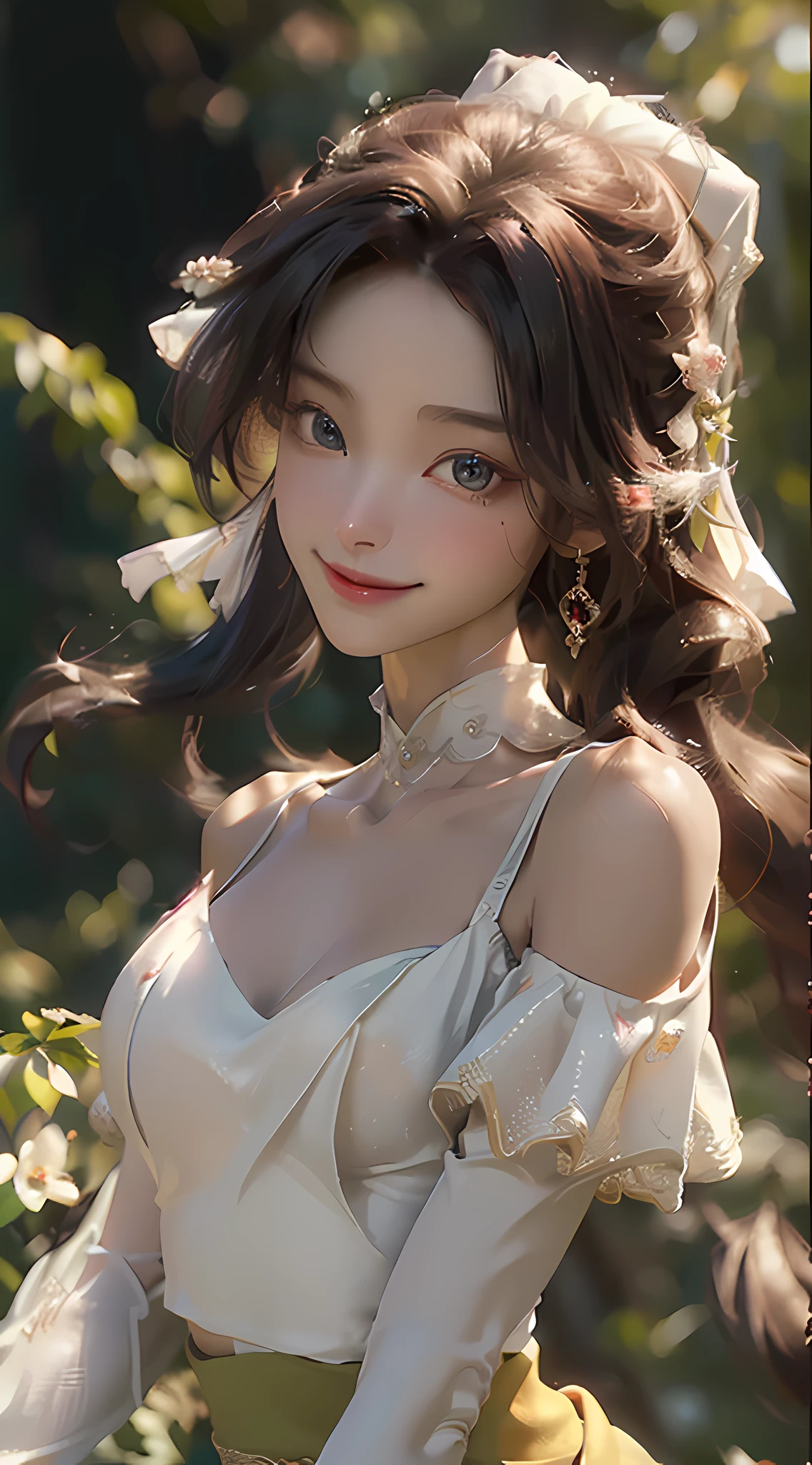 8K, Best Quality, Masterpiece, Ultra High Resolution, 1 Girl, Beautiful Eyes and Face Details, Masterpiece, Best Quality, Upper Body, Master Work, Excellent Details, High Quality Painting Details, Breath-Breathing Absolute Beauty, Collarbone, Slender Neck, Long Eyelashes, Sweet Eyes with Lying Silkworms, Dynamic Angle Problem Extreme Picture Quality, Charming Smile, Glossy Lips, Supple Fair and Translucent Skin, Rich Details, Bright Colors, Strong Contrast, Soft Light Effects, Clear Outline, Streamlined, Charming smile, sparkling eyes, perfect body proportions, slender waist, (wearing a turtleneck tulle sheer skirt, (shoulders: 1.3, collarbone, large breasts, cleavage)),
