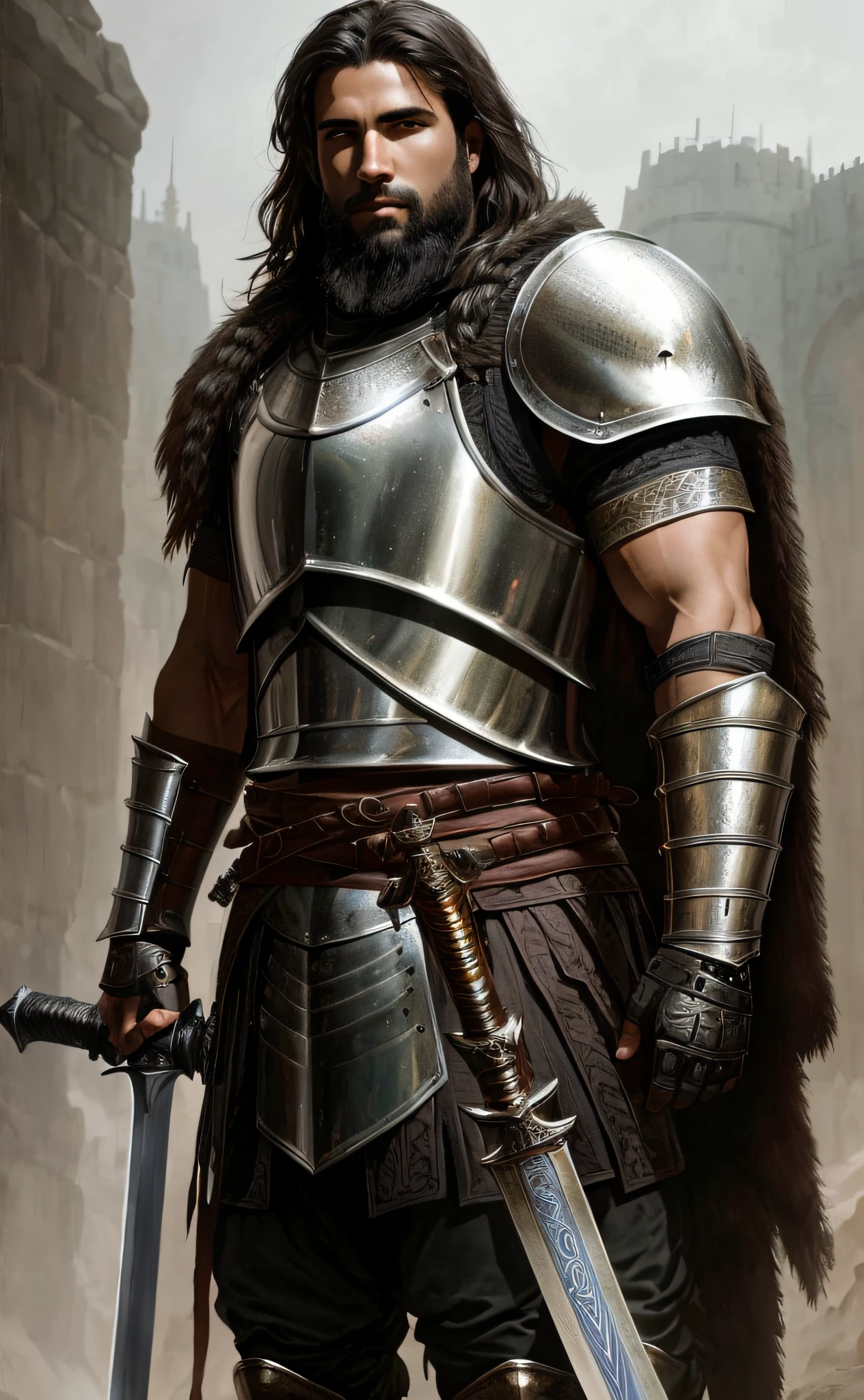arafed man in armor with a sword and a sword in his hand, fantasy warrior in full armor, armoured warrior, attractive beefy male with armor, attractive male with armor, armored warrior, picture of an adult male warrior, ares with heavy armor and sword, male paladin, male warrior, rugged male medieval knight, a human male paladin, strong fantasy knight
