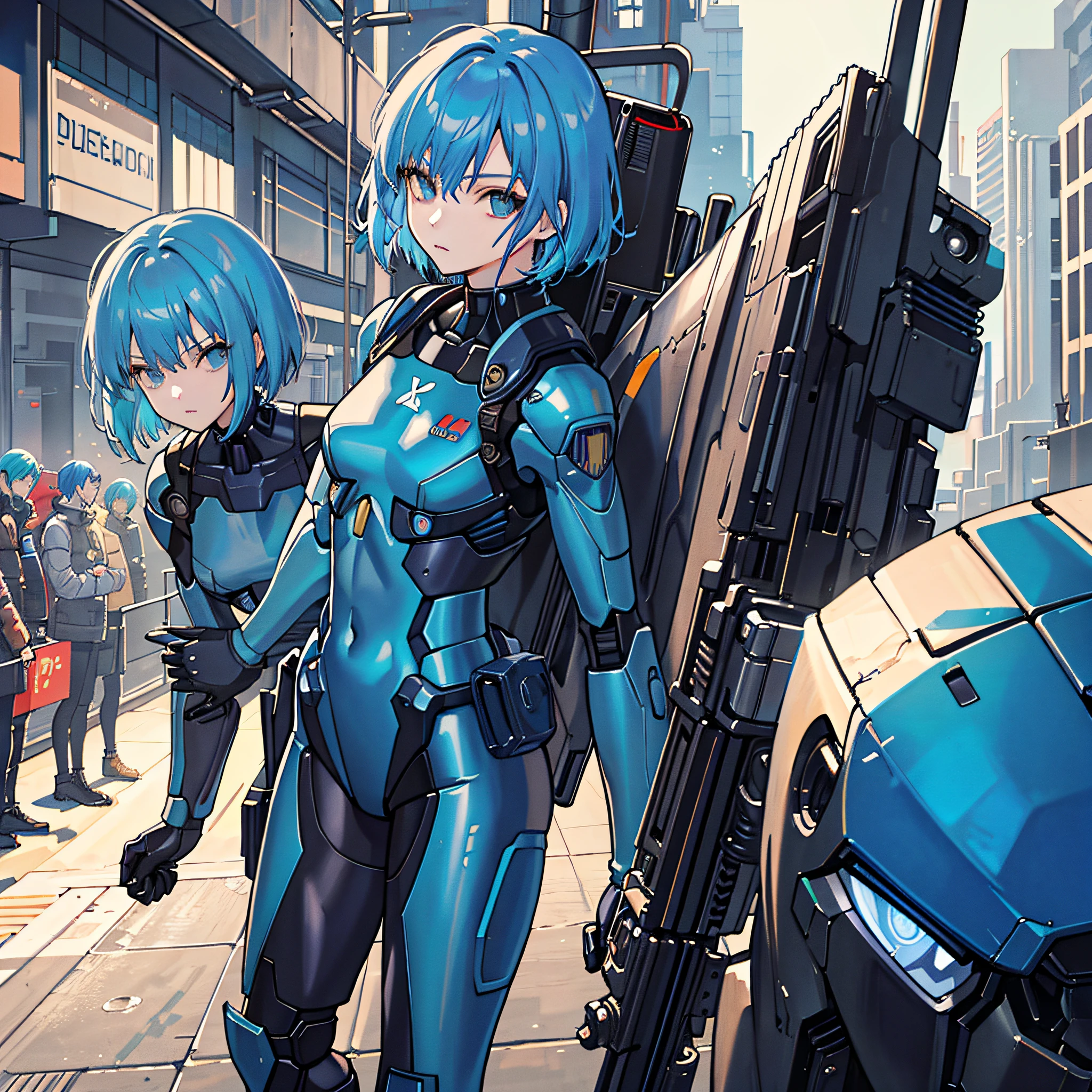 Blue Hair, Masterpiece, Best Quality, One Girl, Medium, (((Album Cover)), Light on Face, Slim Body, Blue Costume, Exoskeleton, Metal Gear, Cyberpunk Style, Short Hair, Gundam