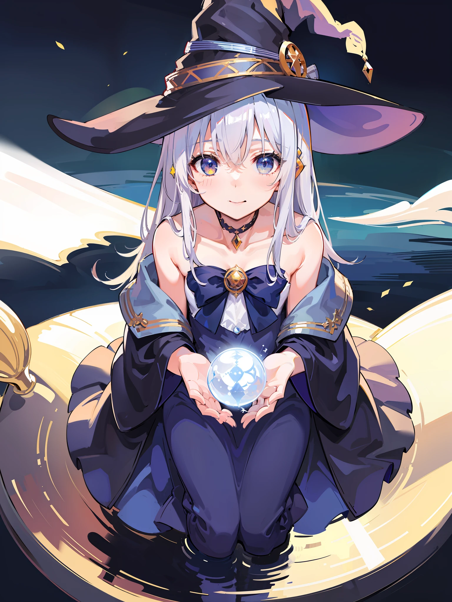 masterpiece,1girl,solo,elaina,
(darkblue style costume, majo costume, witch hat, brooch:1.6),
small breasts,
light smile, holding knees
bull body,bottom-up perspective,
outdoor, clock tower, night, moon
white dress,blue ribbon, boots
peaceful, serene, quiet, tranquil, remote, secluded, resourcefulness, observation, adaptability, creativity, imagination, artistry, awe, inspiration, wonder, gratitude, appreciation, relaxation, enjoyment, rejuvenation, mindfulness, awareness, connection, harmony, balance,
texture, detail, realism, depth, perspective, composition, color, light, shadow, reflection, refraction, tone, contrast, foreground, middle ground, background, naturalistic, figurative, representational, impressionistic, expressionistic, abstract, innovative, experimental, unique