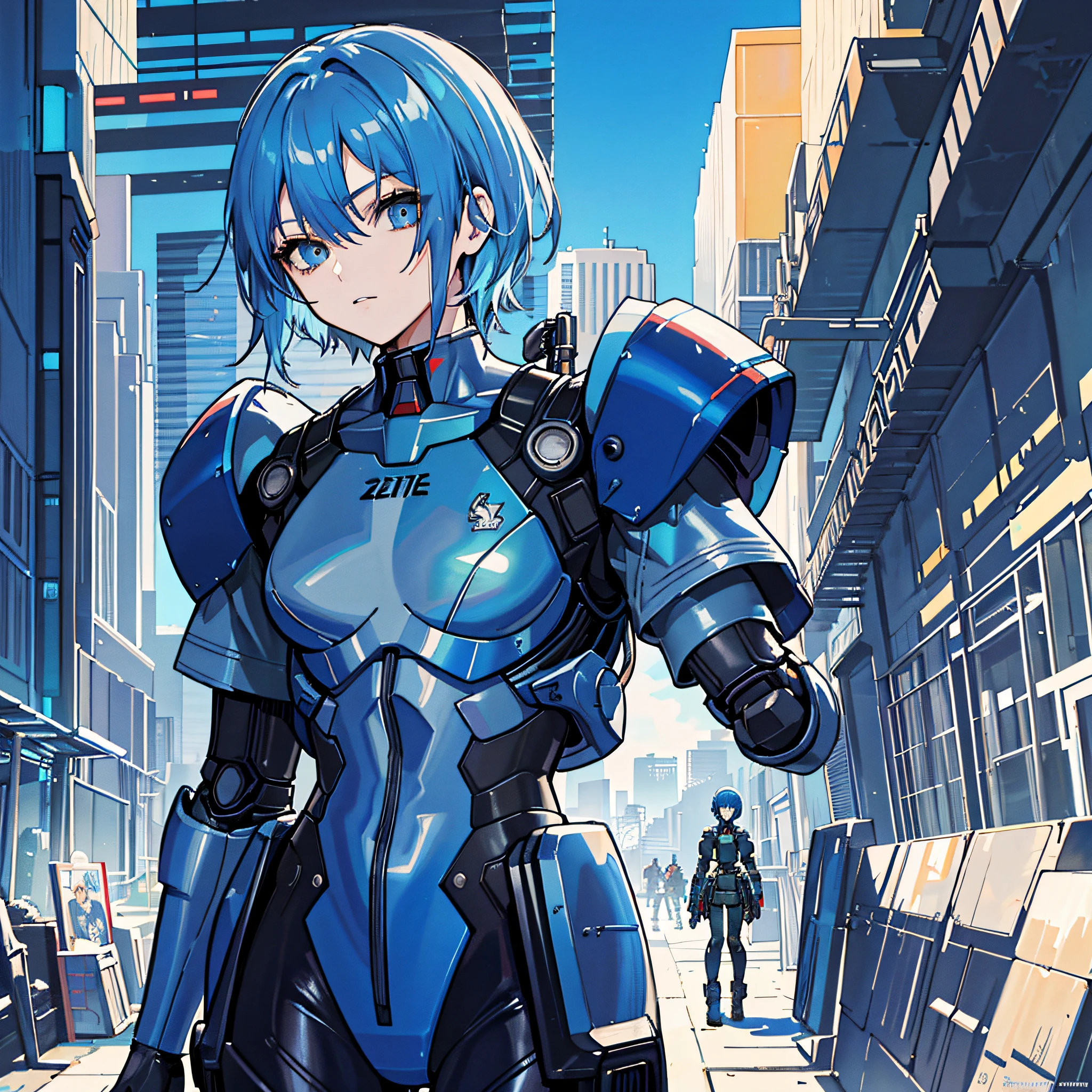 Blue Hair, Masterpiece, Best Quality, One Girl, Medium, (((Album Cover)), Light on Face, Slim Body, Blue Costume, Exoskeleton, Metal Gear, Cyberpunk Style, Short Hair, Gundam