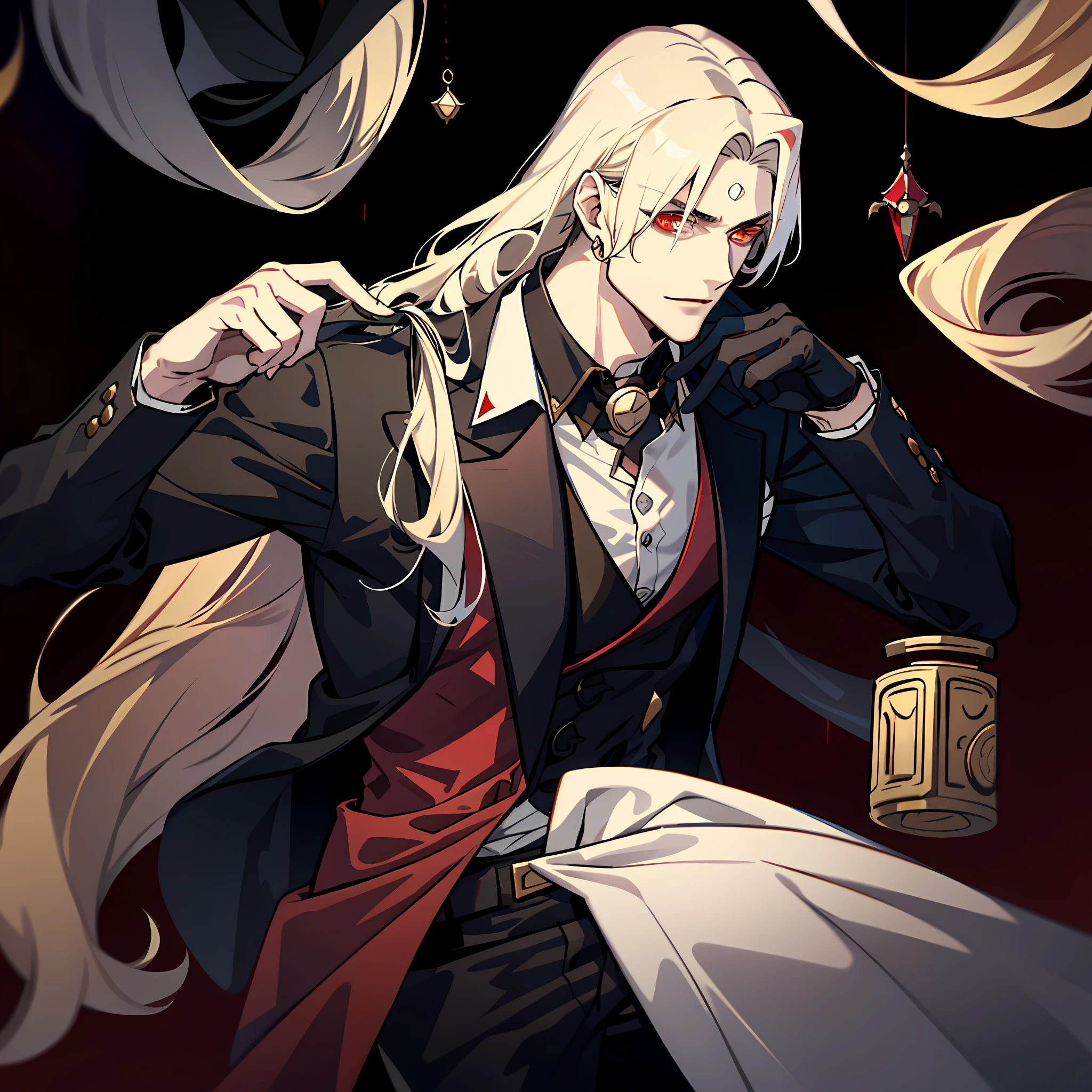 Only 1 man, Very handsome man, golden hair with long hair style, red eyes, wear black suit, and vampire vibes