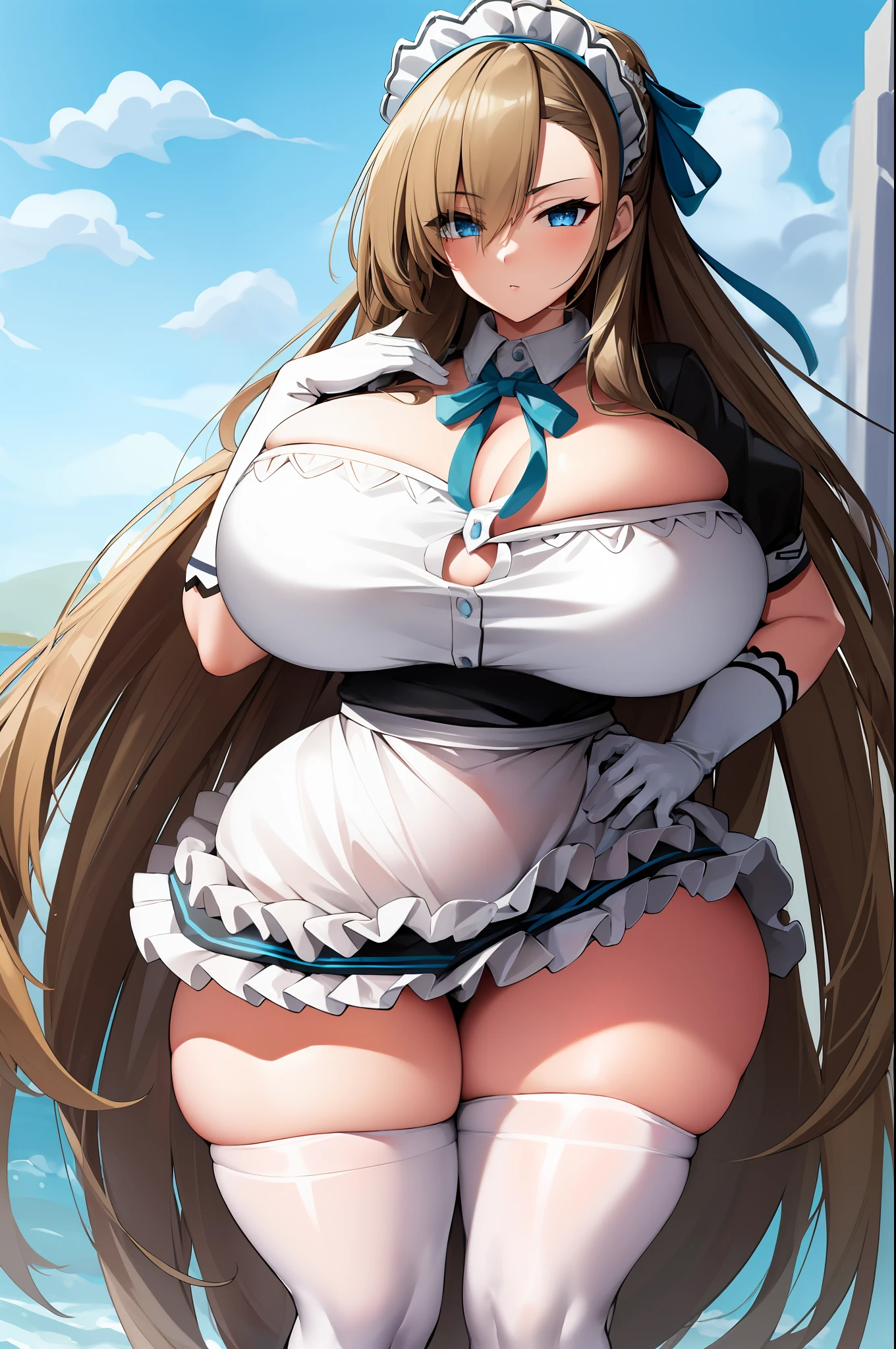 (highres), (absurdres), (best quality), (high quality), (masterpiece), 1girl, asuna, blue eyes, long hair, halo, hair over one eye, very long hair, light brown hair, hair ribbon, maid, maid headdress, apron, frills, frilled apron, puffy sleeves, short sleeves, white gloves, white thighhighs, arms behind back, looking at viewer, (gigantic breasts, wide hips, thin waist, huge thighs:1.5), (huge ass:1.2), tiny skirt, miniskirt