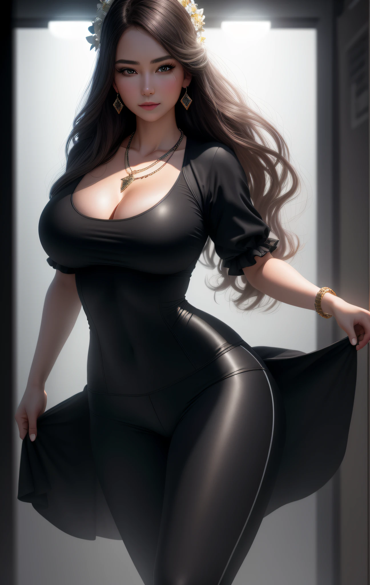 Best Quality, Masterpiece, High Resolution, 1 Girl, Porcelain Dress, Hair Accessories, Necklace, Jewelry, Beautiful Face, Physics, Tyndall Effect, Realistic, Dark Studio, Edge Lighting, Two-tone Lighting, (High Detail Skin: 1.2), 8k UHD, DSLR, Soft Light, High Quality, Volumetric Light, Voyeur, Photo, High Resolution, 4K, 8K, Background Blur, Big Breasts, Full Body , Long Legs ,, Yoga Pants, Retouched Face, Slightly Chubby