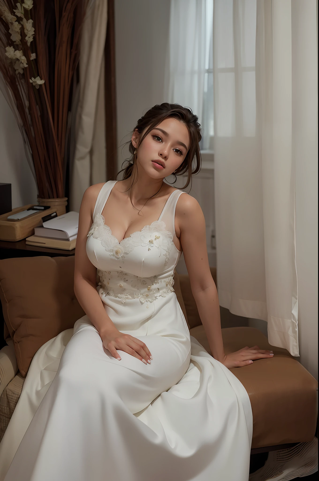 (best quality, masterpiece: 1.2), (realistic, photorealistic: 1.37), 8k, RAW photo, professional lighting, photon display, radio accuracy, physical rendering, 1 girl, solo, hair collected, white dress, silk dress, look at the viewer, (((perfect hands))), room on the background, bokeh, small breasts
