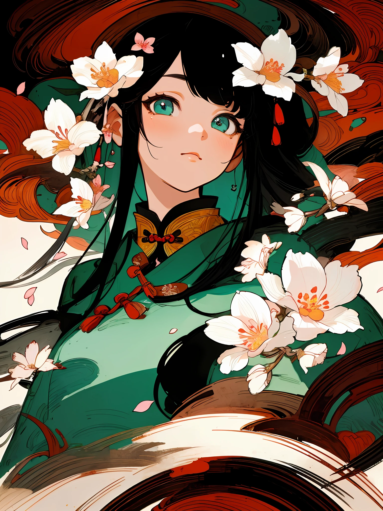 masterpiece, high quality, highly detailed, (rim lighting, spot lighting:0.75), ((good anatomy)), 1girl, (finely detailed face and beautiful eyes), oriental, solo, close up, blossomed flower, innocent eyes expressions, black hair, traditional Chinese ink painting, advanced color scheme, rich background, illustration, petals, Chinese style,