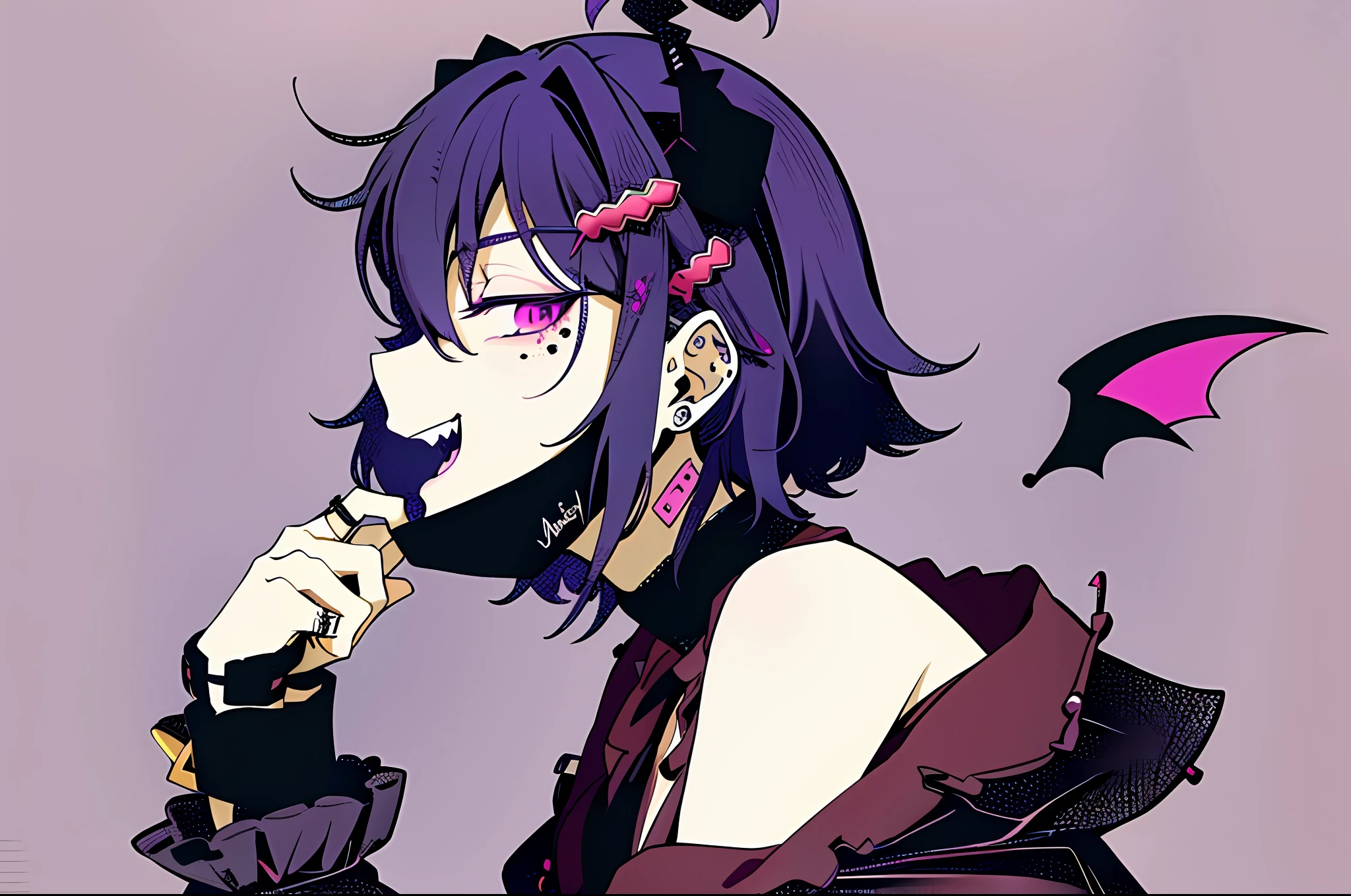 looking at viewer, smile, open mouth, from side, mask, piercing, ring, ear piercing, bandaid, simple background, watch, mouth mask, wristwatch, stud earrings, vampire, halftone, mask pull, jirai kei, masterpiece, SFW, safe, hires, absurdres, purple hair, short hair, wavy hair, fluffy hair, ahoge, devil horns, magenta eyes, pink eyes, pale skin, 1 fang, 1fang, fang, wings, demon wings, beauty mark, bear ears, kemonomimi, bear girl, demon girl, wavy bangs, bangs, 1girl, solo, alone, flat chest, small breasts, demon horns, baggy clothes, fully clothed, covered chest, demon tail, bear tail, swept bangs, wispy bangs, bags under eyes, purple bear ears, eyeliner, emo, alternative fashion, streetwear, street fashion, half closed eyes, half-closed eyes, lidded eyes, bored, smiling, smile, fanged smile, sleepy, friendly, shy, nighttime, night time, city, purple, no ears, devil horns, demon horns, young, chains, accessories, (masterpiece, best quality:1