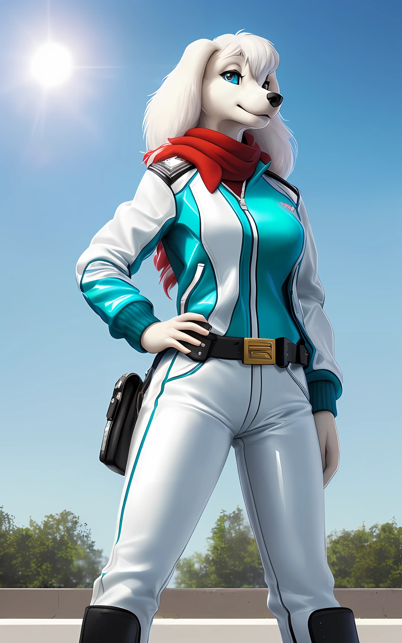 [fay spaniel from starfox 2], [Uploaded to e621.net; (mayosplash), (Pixelsketcher)], ((masterpiece)), ((solo portrait)), ((1girl)), ((raw photo)), ((full body)), ((furry; antrho dog)), ((detailed fur)), ((raytracing; reflective surfaces)), ((detailed shading)), ((beautiful render art)), ((cel shading)), ((nighttime lighting)), {anthro labradorpoodle; (white fur, black nose, long white floppy labrador ears), round blue eyes, happy expression), (teal zip-up track jacket; black lining, red scarf, (white hair; giant red hair-bow on top of head), (white leather jacket; shiny texture), (teal pants; utility belt with gold triangle belt buckle), grey combat boots), curvaceous thin hips)}, ((standing on concrete; hand on hip, attractive pose), waving at camera), [background; ((air force base; outside )), bright sunny sky, bright sun)]