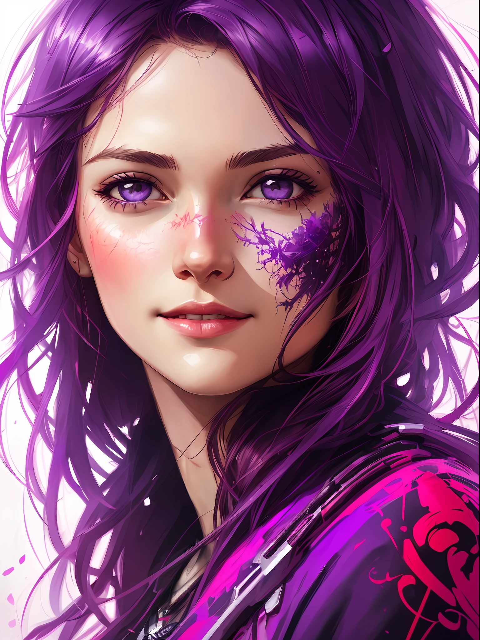 happy girl, centered, looking at the camera, approaching perfection, dynamic, (shades of purple and red), highly detailed, digital painting, art station, concept art, smooth, sharp focus, illustration, art by Carne Griffiths and Wadim Kashin, detailed face, 4k