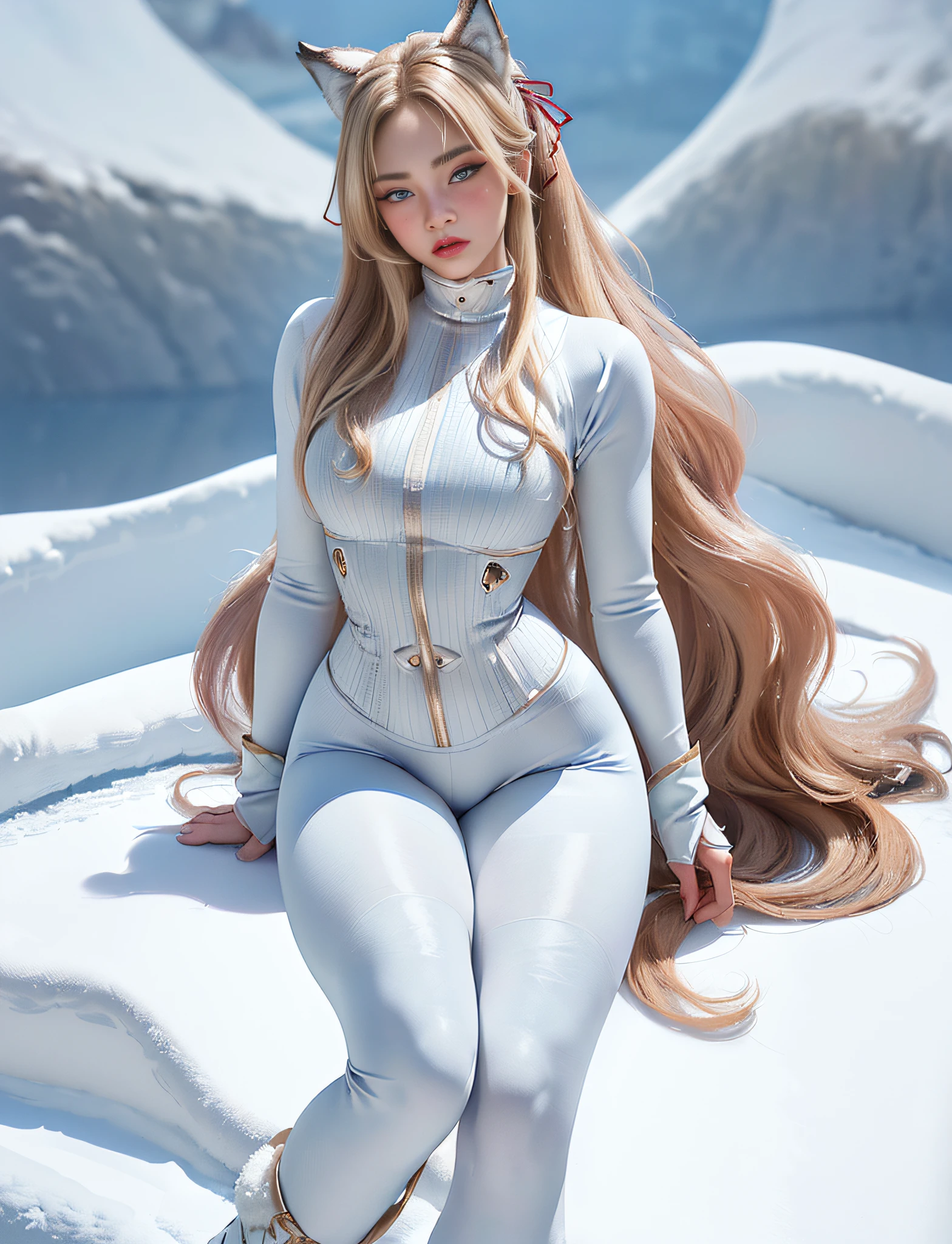 ((very detailed RAW color photo)), (((1 girl))), (((alone))), (((30 years))), ((athletic)), ((very defined toned physique)), ((very defined and beautiful muscular body)), (((very detailed perfect body))), (((small and defined breasts))), (((ultra defined curves))), (((superior quality, 8k, masterpiece: 1.3)), sharp focus: 1.2, (((extremely beautiful girl with perfect figure: 1.4))), ((very thin waist: 1.2)), ultra detailed skin texture,  ((perfect and beautiful hands)), ((smooth and soft skin)), (ultra detailed fabric texture), extremely beautiful face ultra detailed, (((extremely beautiful))), ultra detailed, (((girl wearing a white snow jacket and tight snow leggings with very modern hiking boots))), (((the suit is white and modern))), (((extremely long curly blonde hair))), extremely beautiful, (((extra long ponytail with bangs))),  ((very detailed and beautiful wolf ears)), (hair on the face), ((hair ribbon)), dynamic pose, ((uniform leaves thighs exposed)), ((ultra detailed and toned legs)), (((ultra detailed waist))), (((very wide hips))), (((very thick and toned thighs))), (sexy), (((extreme hourglass figure))), (((very thick heart lips))), (((red lipstick)), ((ultra detailed lips)),  ((ultra detailed blue eyes)), ((angry look)), (((staring at the viewer))), ultra detailed provocative mouth, extremely beautiful seductive lips, ((blushing)), (makeup), (((ultra defined waist))), eye shadow, (full body shot), with an ice field in the background, snowing