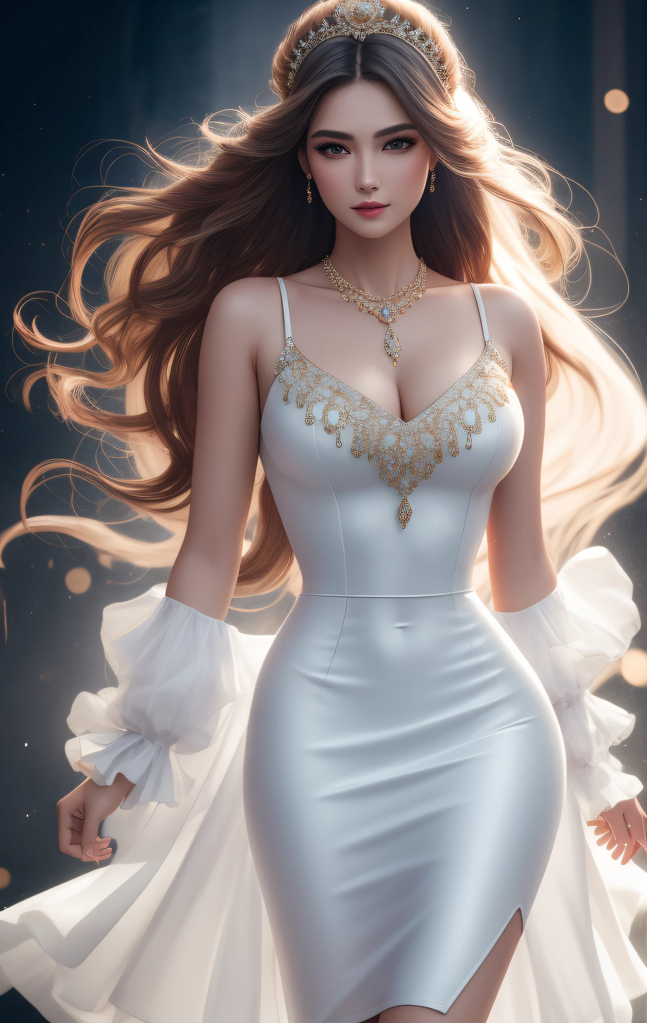 Best Quality, Masterpiece, High Resolution, 1 Girl, Porcelain Dress, Hair Accessories, Necklace, Jewelry, Beautiful Face, Physics, Tyndall Effect, Realism, Dark Studio, Edge Lighting, Two-tone Lighting, (High Detail Skin: 1.2), 8k UHD, DSLR, Soft Light, High Quality, Volumetric Light, Voyeur, Photo, High Resolution, 4K, 8K, Background Blur, Big Bust, Full Body, Long Legs, High Heels, White Leggings, Refined Face