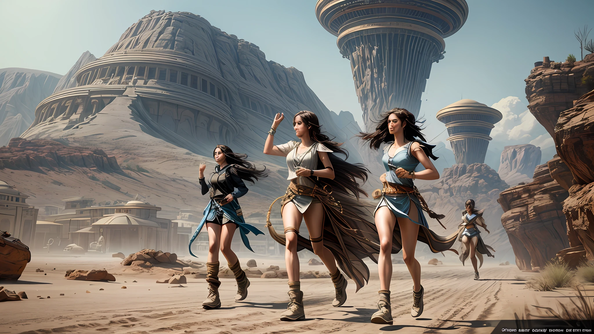 arafed image of  three women in a desert area, artgerm and atey ghailan, [ trending on cgsociety ], side view , ((running, jumping)), cgsociety masterpiece, tithi luadthong, peter mohrbacher. unreal engine, cgsociety artstation, cgsociety contest winner, cgsociety contest winner!!, cgsociety contest winner, a huge broken spaceship as background