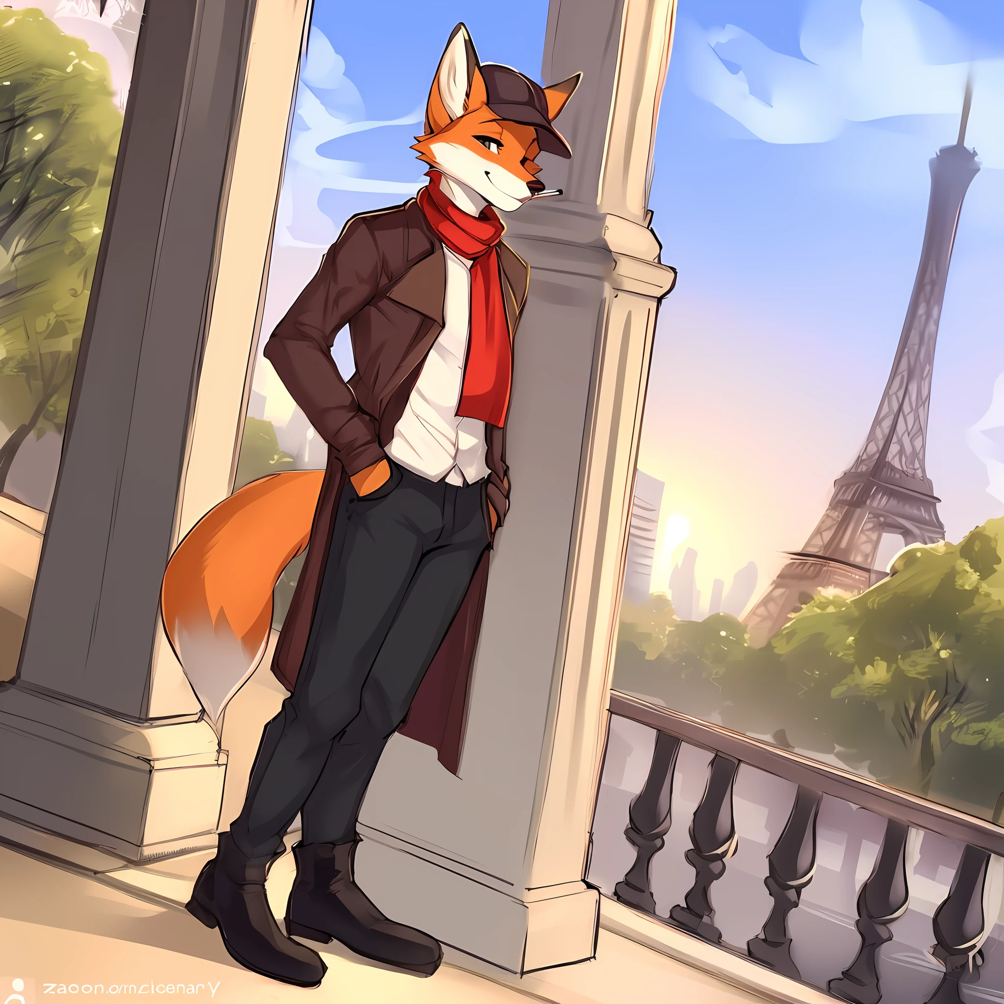 thin male solo cartoon fox by zackary911 wearing clothes sunlit people in background Paws instead of hands and feet paws visible Paris Eiffel tower in background Smiling scenic daytime, fox tail, trench coat, flat cap, scarf short pencil drawn sketch colored, blue khakis, medium height, black boots, Cigarette, smoking, Seinne, leaning against lampost, midday