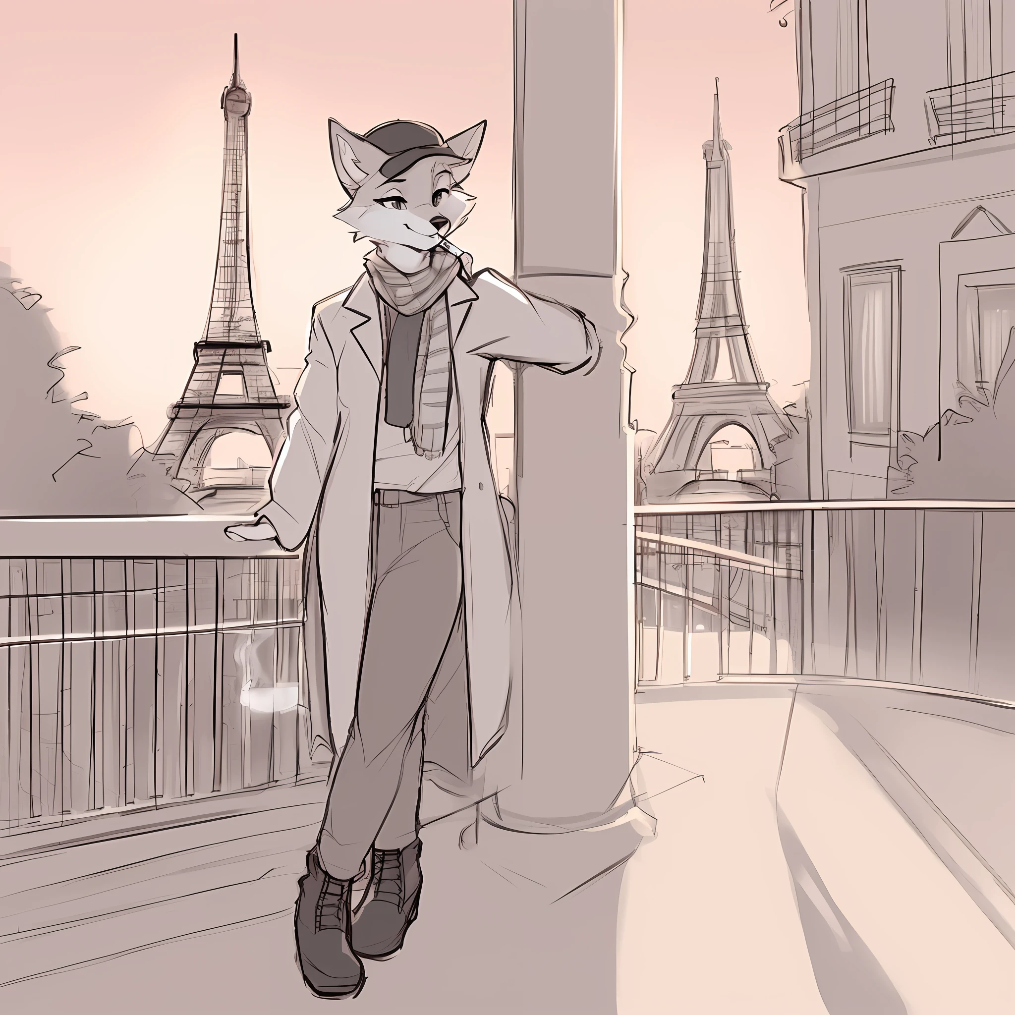 thin male solo cartoon fox by zackary911 wearing clothes sunlit people in background Paws instead of hands and feet paws visible Paris Eiffel tower in background Smiling scenic daytime, fox tail, trench coat, flat cap, scarf short pencil drawn sketch colored, blue khakis, medium height, black boots, Cigarette, smoking, Seinne, leaning against lampost, midday