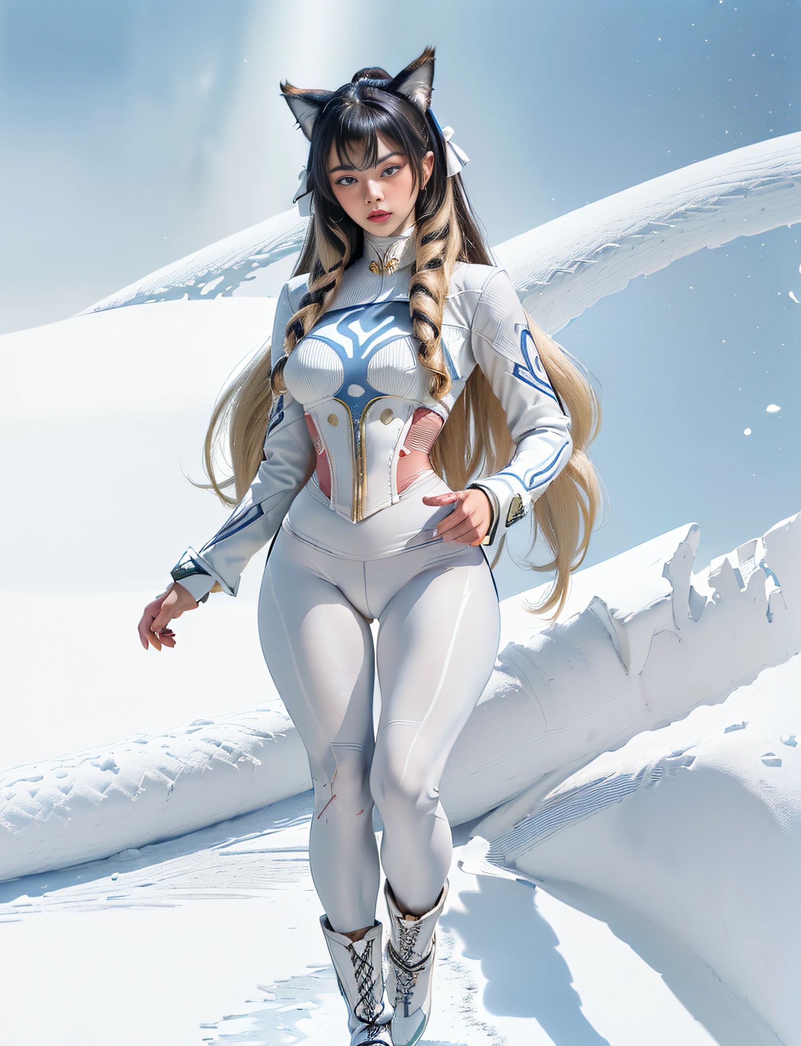 ((very detailed RAW color photo)), (((1 girl))), (((alone))), (((33 years))), ((athletic)), ((very defined toned physique)), ((very defined and beautiful muscular body)), (((very detailed perfect body))), (((small and defined breasts))), (((ultra defined curves))), (((superior quality, 8k, masterpiece: 1.3)), sharp focus: 1.2, (((extremely beautiful girl with perfect figure: 1.4))), ((very thin waist: 1.2)), ultra detailed skin texture, ((perfect and beautiful hands)), ((smooth and soft skin)), (ultra detailed fabric texture), extremely beautiful face ultra detailed, (((extremely beautiful))), ultra detailed, (((girl wearing a white snow jacket and tight snow leggings with very modern hiking boots))), (((the suit is white and modern))), (((extremely long curly blonde hair))), extremely beautiful, (((extra long ponytail with bangs))), ((very detailed and beautiful wolf ears)), (hair on the face), ((hair ribbon)), dynamic pose, ((uniform leaves thighs exposed)), ((ultra detailed and toned legs)), (((ultra detailed waist))), (((very wide hips))), (((very thick and toned thighs))), (sexy), (((extreme hourglass figure))), (((very thick heart lips))), (((red lipstick)), ((ultra detailed lips)), ((ultra detailed blue eyes)), ((angry look)), (((staring at the viewer))), ultra detailed provocative mouth, extremely beautiful seductive lips, ((blushing)), (makeup), (((ultra defined waist))), eye shadow, (full body shot), with an ice field in the background, snowing