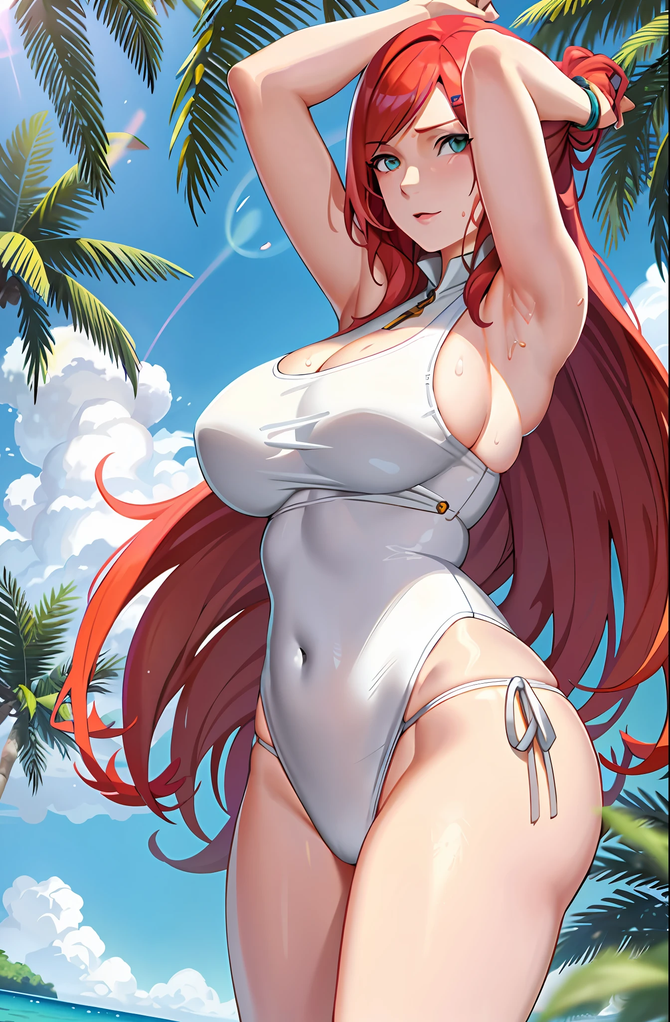 Kushina,1girl,solo, beautiful, thicc thighs, huge breasts, wearing white bikini, in swimming pool,pure eyes, realistic pupils, highly details eye, perfect anatomy, good anatomy, good composition, armpits, sweating, Mom, milf, thicc thighs, lubricant skin groin area, oily skin, red armpits, sweat armpits, behind view, show her ass,red hair, green eyes, wearing white bra