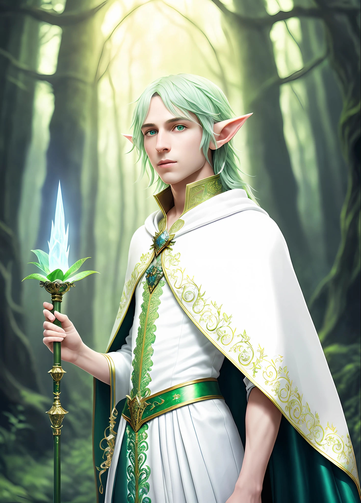 1 boy, thin, magical atmosphere, (intricately detailed, fine details, hyperdetailed), raytracing, subsurface scattering, (fantasy underworld journey in the background), diffuse soft lighting, shallow depth of field, sharp bokeh focus, (photo quality: 1.4), portrait of a male elf with long green hair, dressed in a flowing green magic robe, adorned with intricate green embroidery, covered by a green cape, and holding an exquisite magic staff created from a carnivorous plant, emanating a soft blue glow,The elf's striking features are enhanced by his piercing blue eyes and delicate pointed ears, giving him an otherworldly charm,The portrait is expertly rendered using digital painting techniques, creating a highly detailed and realistic representation, perfect for conceptual art or illustration, This portrait captures the essence of the magical and mystical world of the elves,