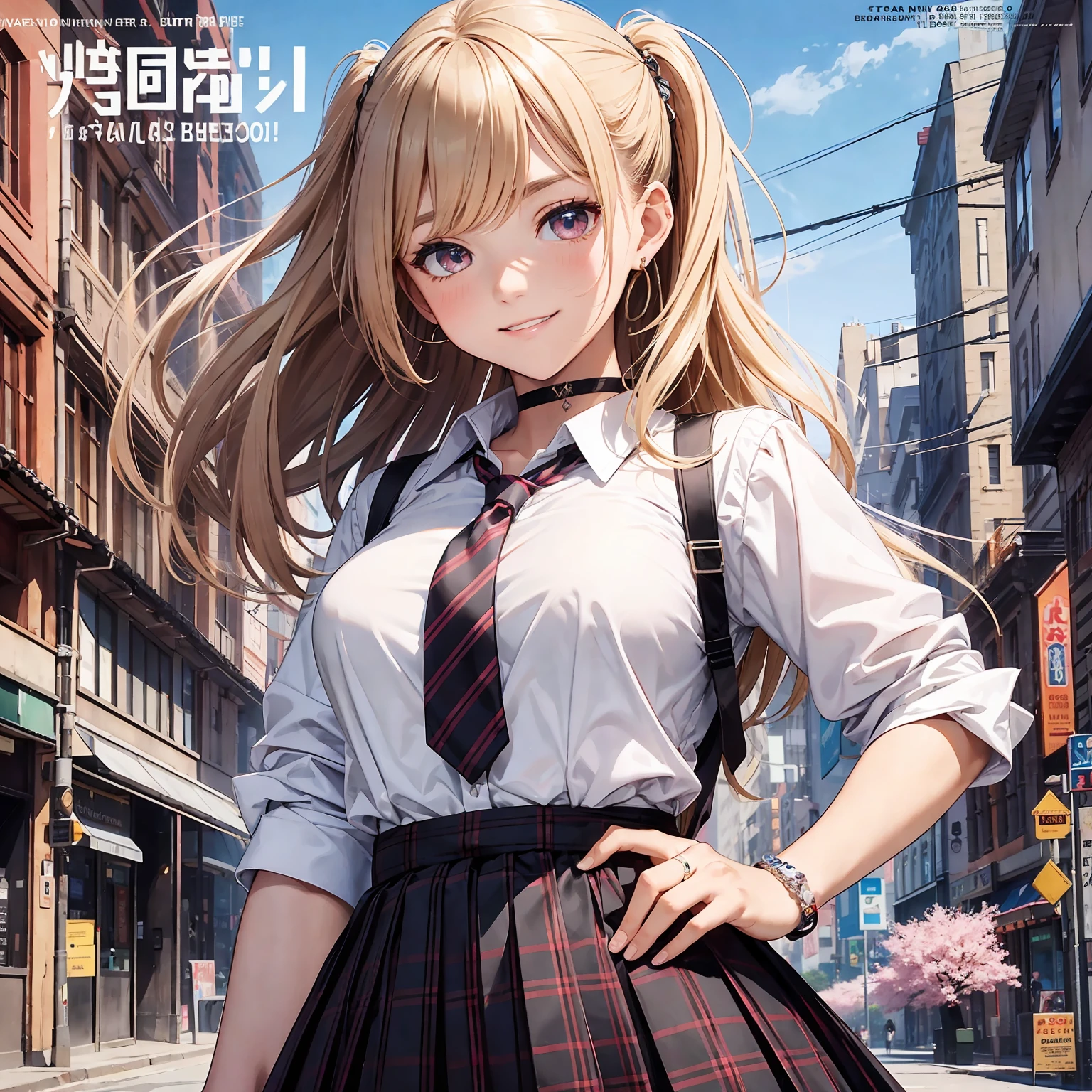 masterpiece, best quality, full body,
1girl, bangs, black choker, black necktie, blonde hair, blue skirt, blush, bracelet, breasts, choker, clothes around waist, collarbone, collared shirt, cowboy shot, dress shirt, ear piercing, eyebrows visible through hair, gradient hair, grin, gyaru, jewelry, kogal, long hair, looking at viewer, loose necktie, necktie, piercing, plaid, plaid skirt, pleated skirt, red eyes, ring, school uniform, shirt, skirt, smile, solo, white shirt,
street, sky, cherry blossoms, petals,illustration, (magazine:1.3), (cover-style:1.3), fashionable, woman, vibrant, outfit, posing, front, colorful, dynamic, background, elements, confident, expression, holding, statement, accessory, majestic, coiled, around, touch, scene, text, cover, bold, attention-grabbing, title, stylish, font, catchy, headline, larger, striking, modern, trendy, focus, fashion, --auto --s2