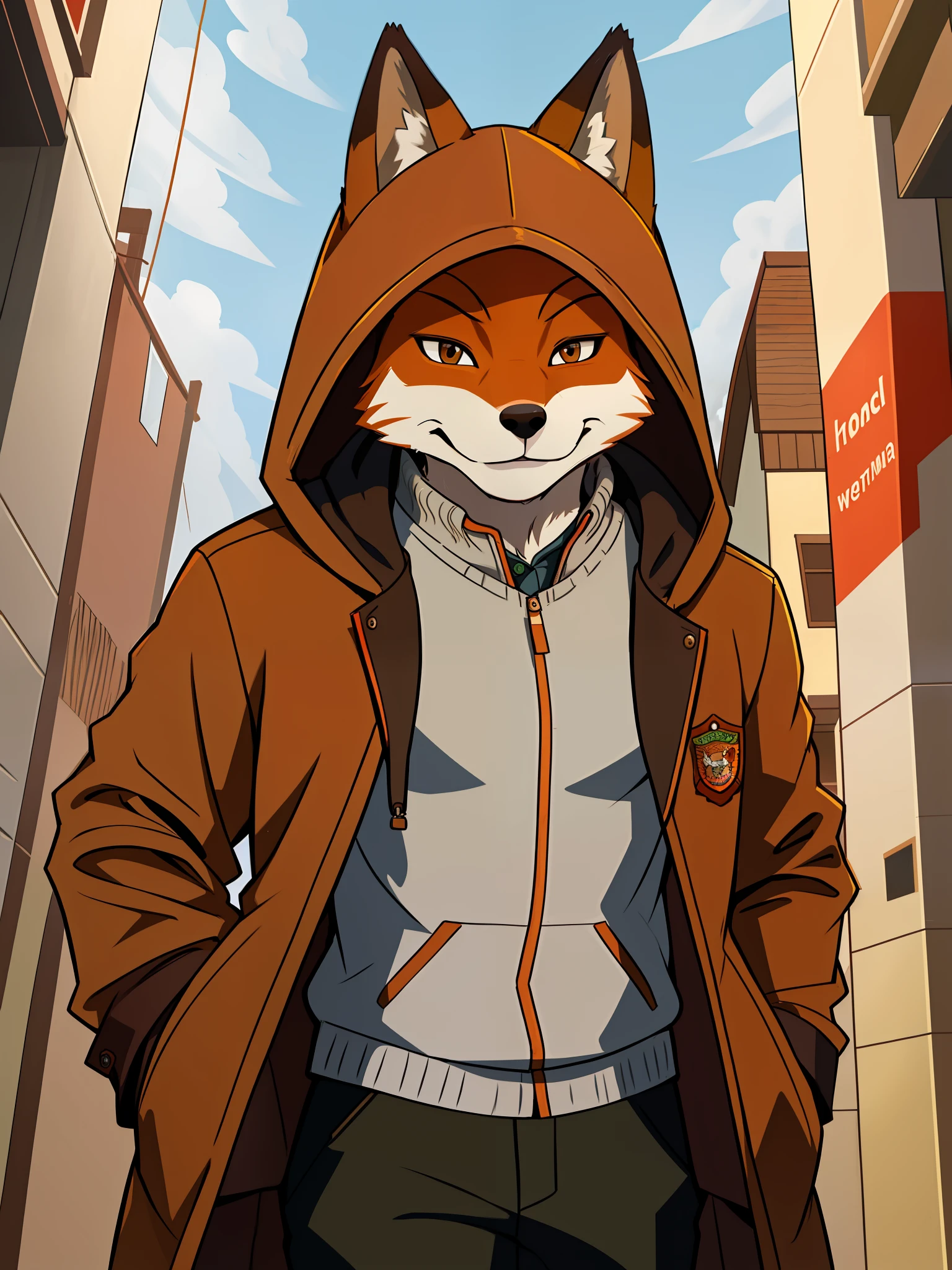 A zootopia-style fox of brown color, furry, wearing hooded coat, looking at the viewer