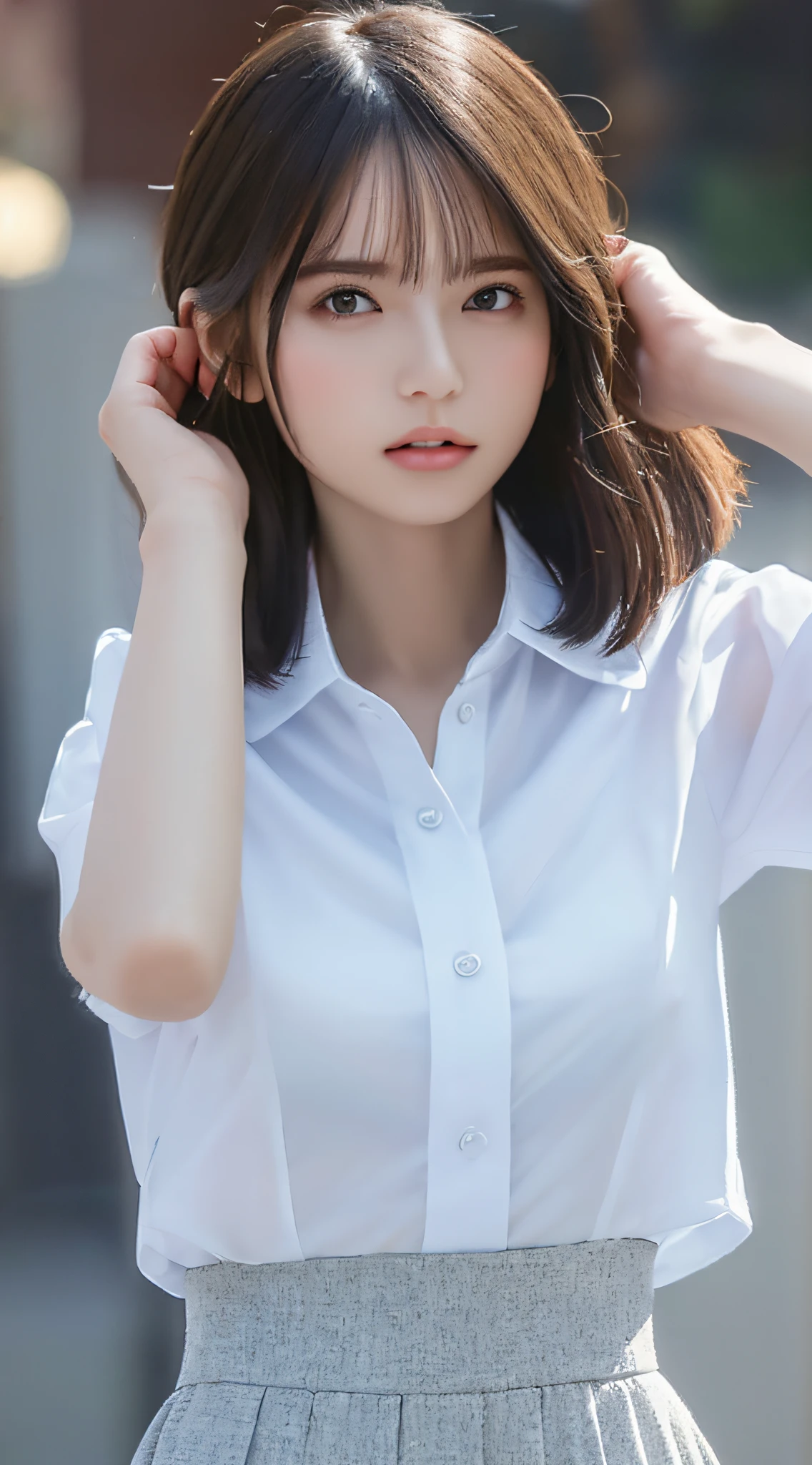 Best Quality, 8k, Masterpiece, Full Body Photo, Focus Clear, Beauty with Outstanding Style, Highly Detailed Face and Skin Texture, Detailed Eyes, Double Eyelids, Office, Full Body, Short Hair, Big, See-through, White Business Shirt, Black Skirt