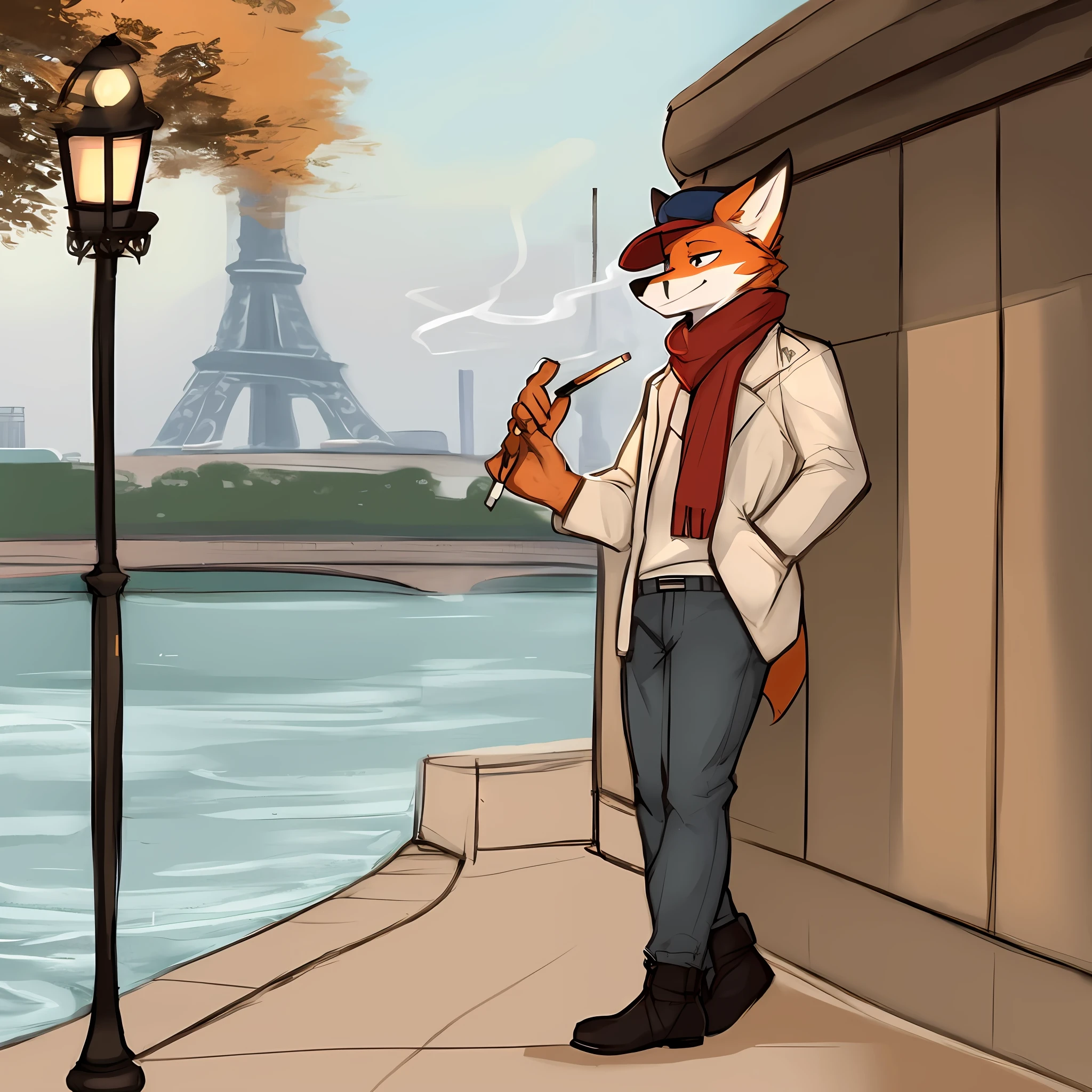 thin male solo cartoon fox by zackary911 wearing clothes sunlit people in background Paws instead of hands and feet paws visible Paris Eiffel tower in background Smiling scenic daytime, fox tail, trench coat, flat cap, scarf short pencil drawn sketch colored, blue khakis, medium height, black boots, Cigarette, smoking, Seine river, leaning against lampost, midday, smoke coming off cigarette, lamppost
