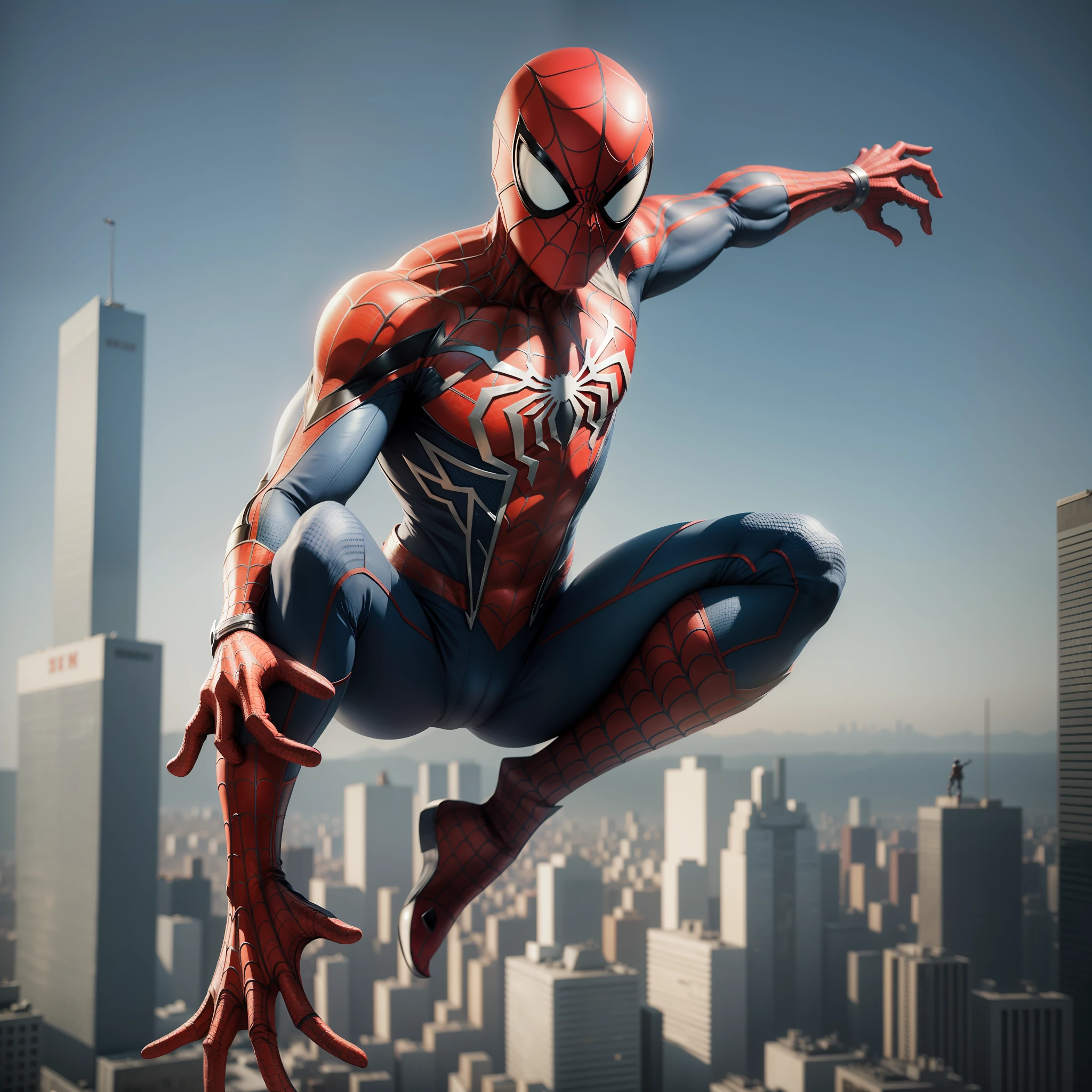 A realistic photo in 4 k , kinematics , spiderman , in a building , in an apocalyptic city in ruins --auto --s2