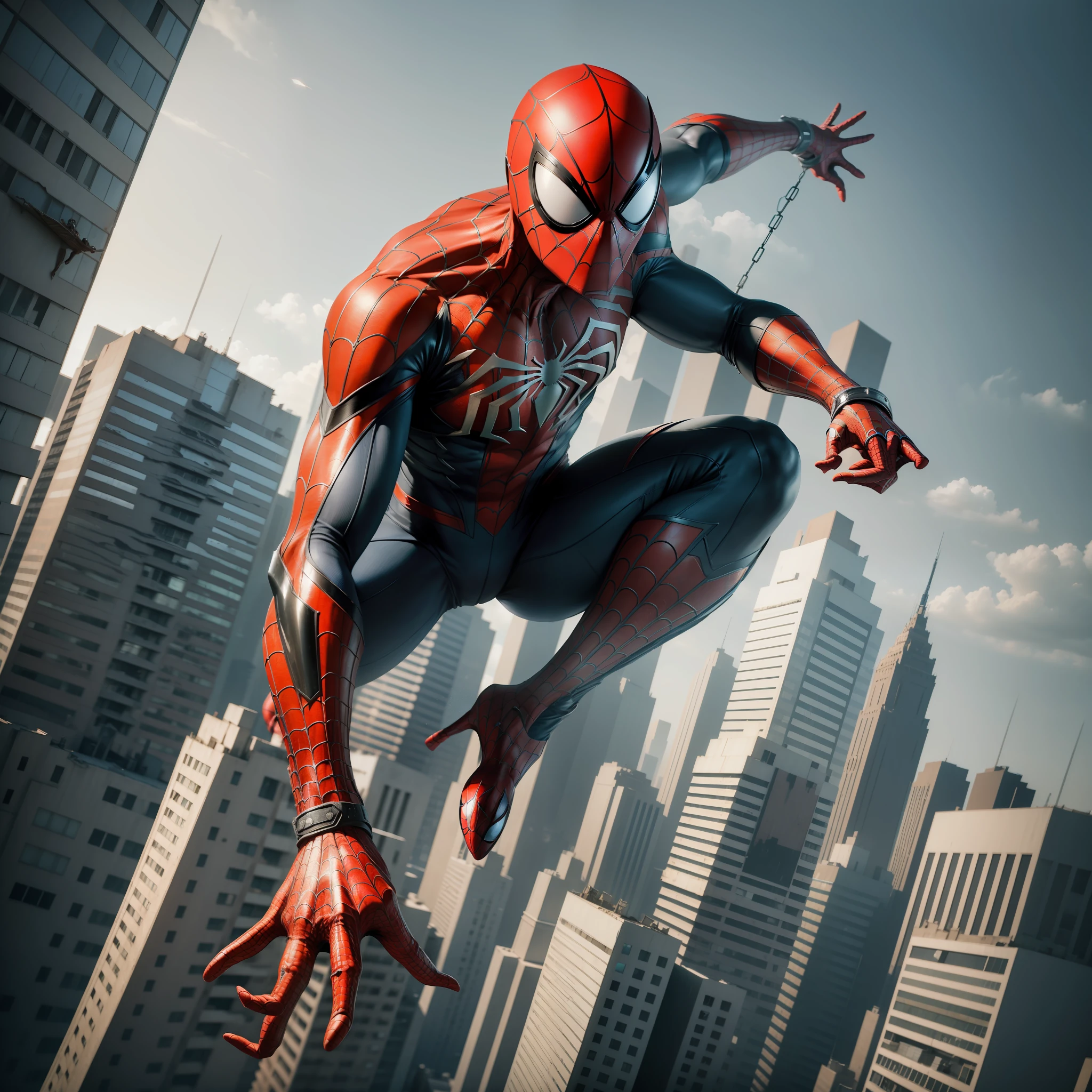 A realistic photo in 4 k , kinematics , spiderman , in a building , in an apocalyptic city in ruins --auto --s2