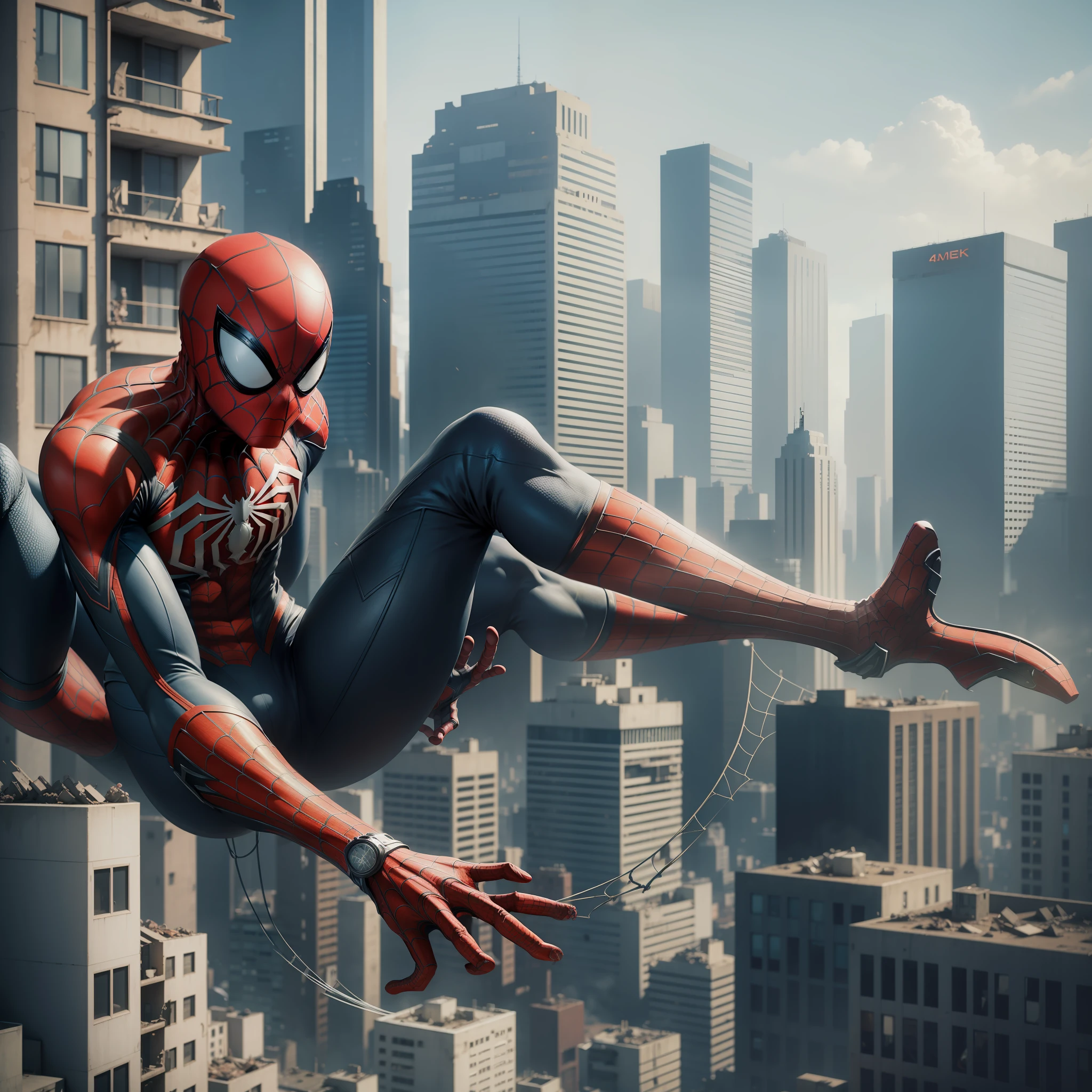 A realistic photo in 4 k , kinematics , spiderman , in a building , in an apocalyptic city in ruins --auto --s2