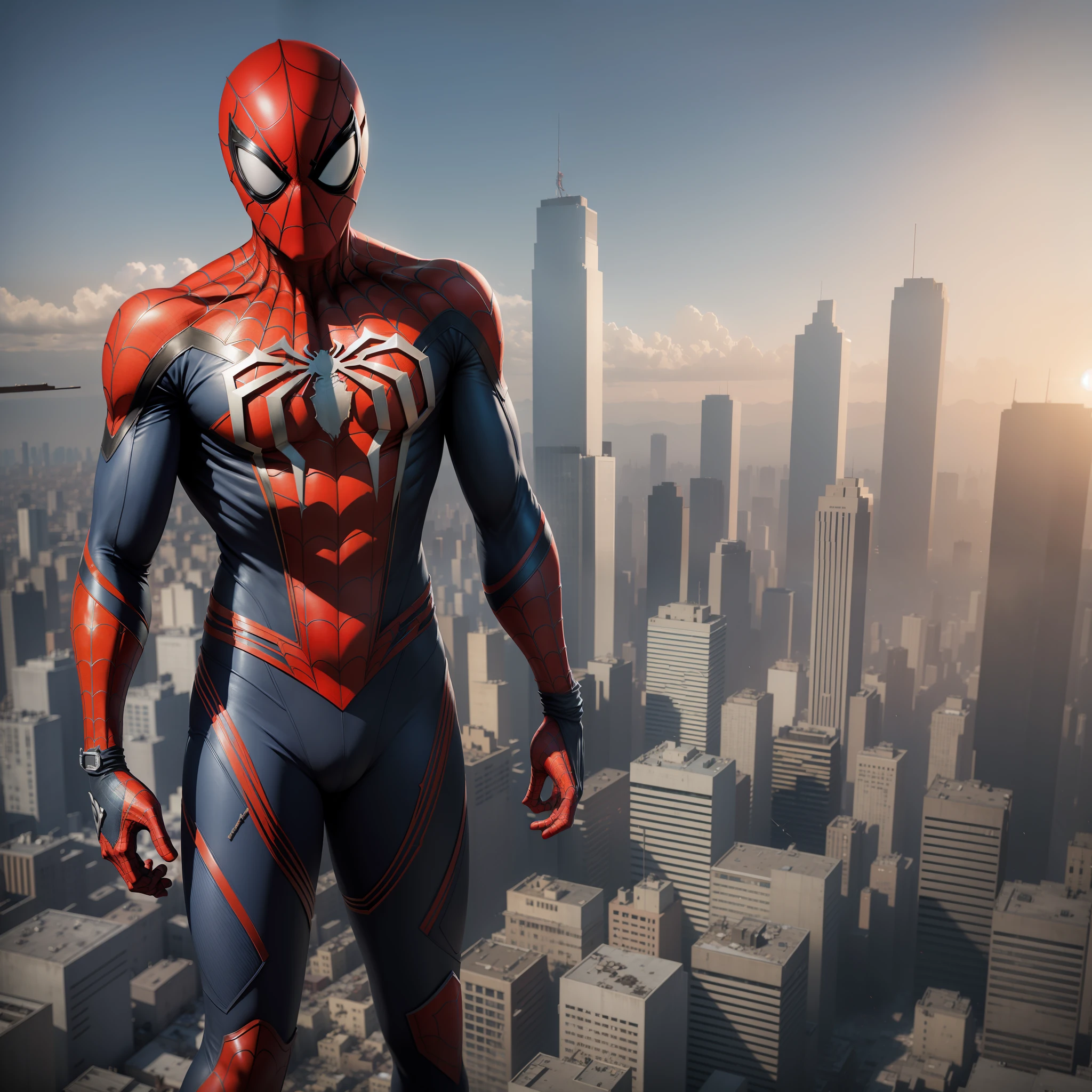 A realistic photo in 4 k , kinematics , spiderman , in a building , in an apocalyptic city in ruins --auto --s2