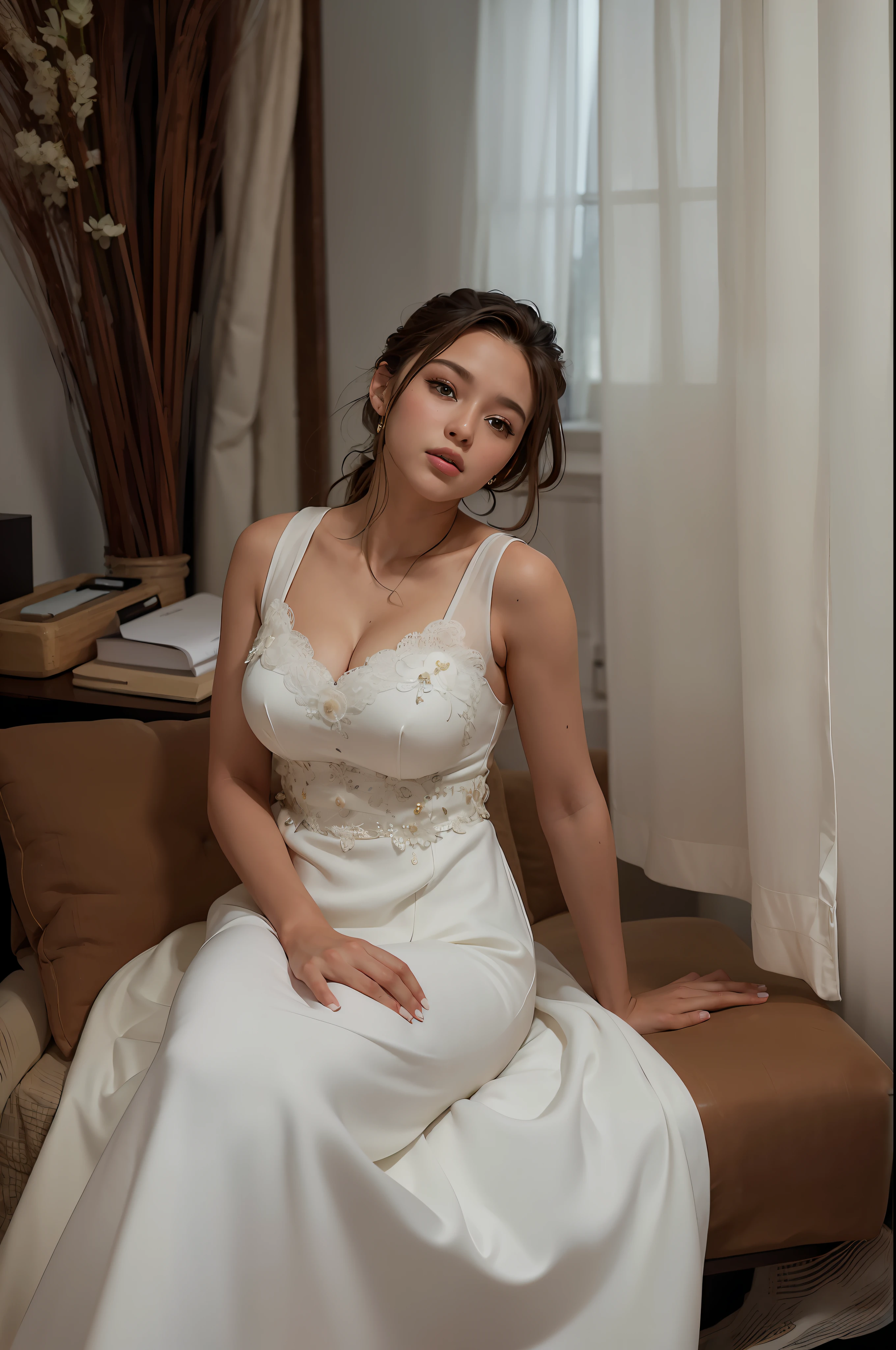 (best quality, masterpiece: 1.2), (realistic, photorealistic: 1.37), 8k, RAW photo, professional lighting, photon display, radio accuracy, physical rendering, 1 girl, solo, hair collected, white dress, silk dress, look at the viewer, (((perfect hands))), room on the background, bokeh, small breasts