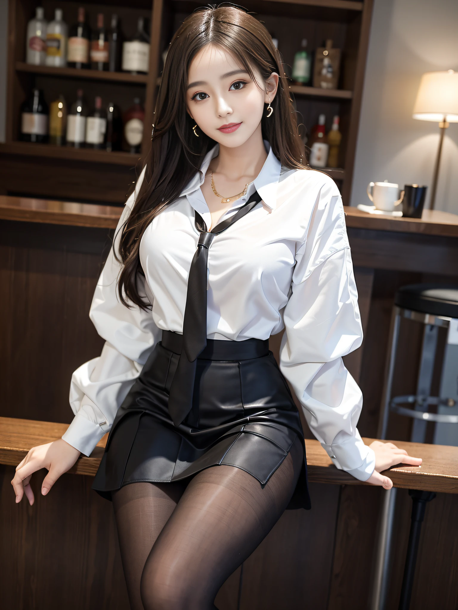 Exquisite, masterpiece, beautiful details, colorful, delicate details, delicate lips, intricate details, large breasts, 1 female, (a beautiful 20-year-old cute Korean woman: 1.1), (kpop idol, Korean mixed), (50mm Sigma f/1.4 ZEISS lens, F1.4, 1/800s, ISO 100, photograpy:1.1), (brunetize: 1.2), (photorealistic:1.4 ), (SPY:1.2), (Open Jacket,Shirt, Skirt,Tie,Black Pantyhose,Christian Louboutin\(Brand\),:1.3), Earrings, Necklace, Armbands, (Tavern, Bar:1.2), (Beautiful Legs, High Girl, Skinny, slim_legs, thigh_gap, Model:1.2), Lens flare, viewed from the front, (Happy smile: 1.1), dynamic pose, (makeup: 1.2), sitting on a bar stool,