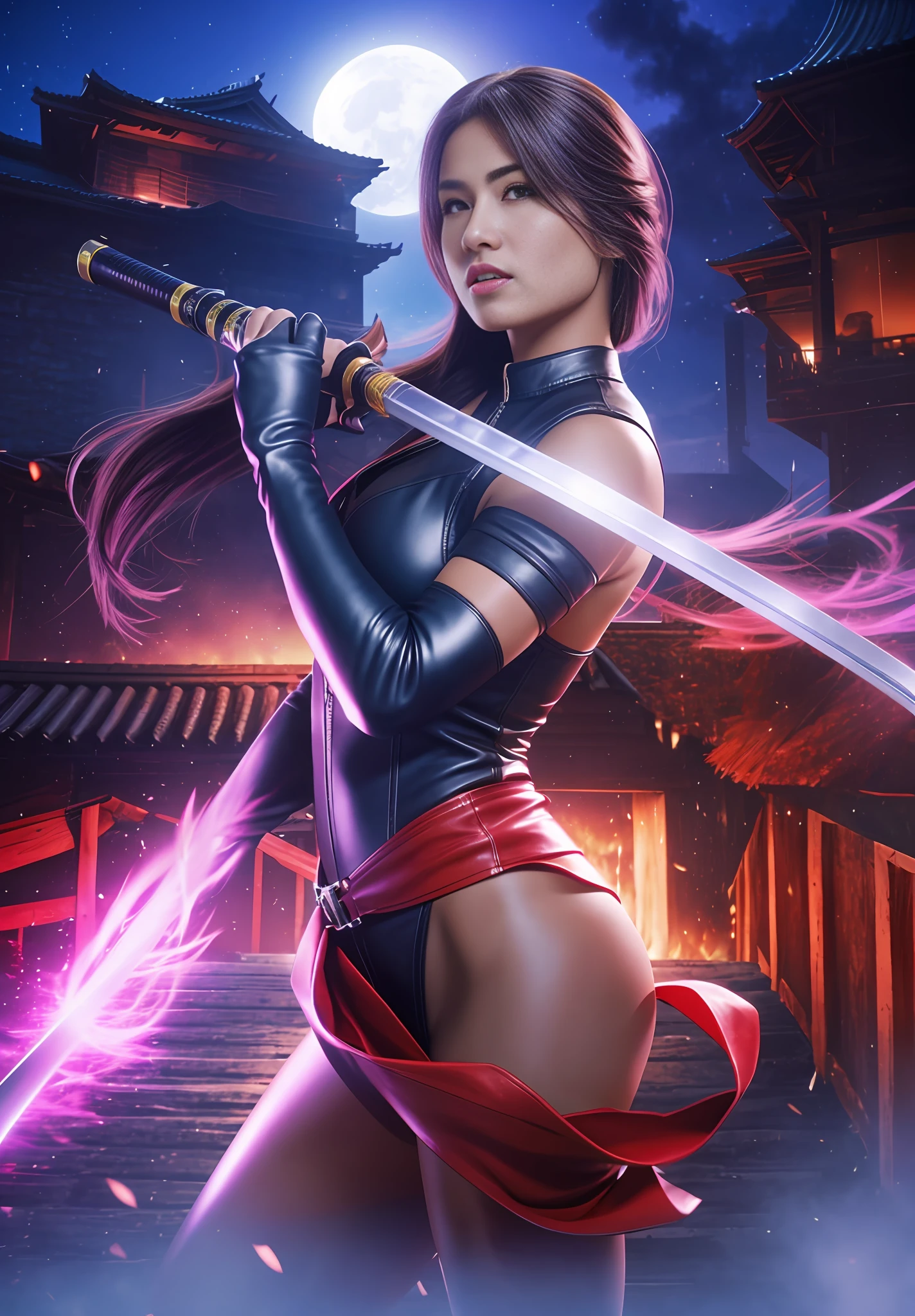 4K, sexy woman, muscular body, long hair, leather suit, holding katana.