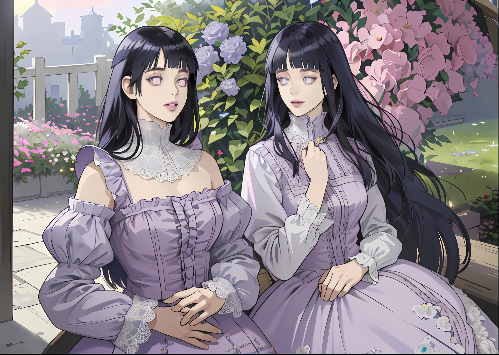 (absurdres, highres, ultra detailed), masterpiece, hinata\(boruto\), solo, 1girl,medium breasts, long blue victorian style dress, smile, (((long hair))),standing, the bodice and the skirt pattern, frill skirt, lace, blink blink effect, (((detailed lips))), cowboy shoot, garden, flowers, purple eyes, hands on behind body