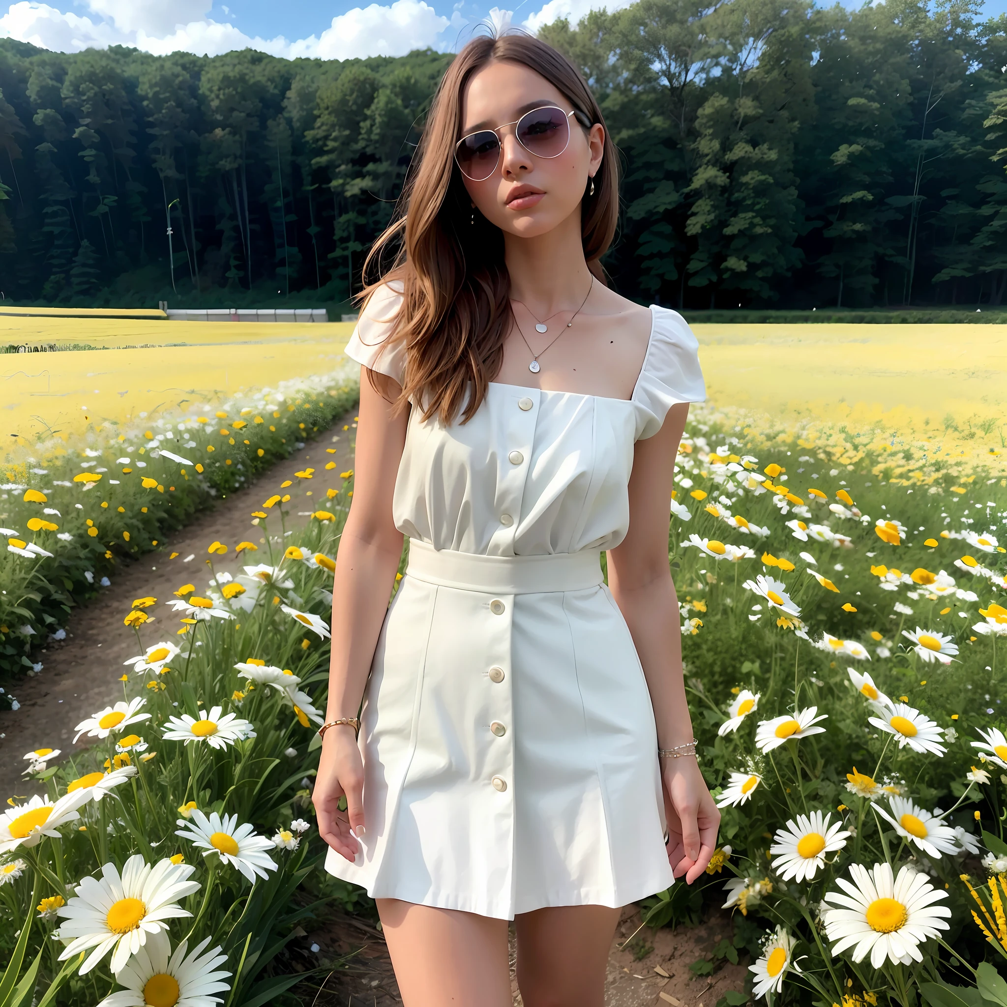 araffe woman in a white dress and sunglasses standing in a field of daisies, white puffy outfit, wearing white skirt, girl standing in a flower field, white outfit, white skirt, white trendy clothes, girl standing in flower field, wearing white clothes, wearing a cute white dress, white skirt and barechest, white lace clothing, white miniskirt