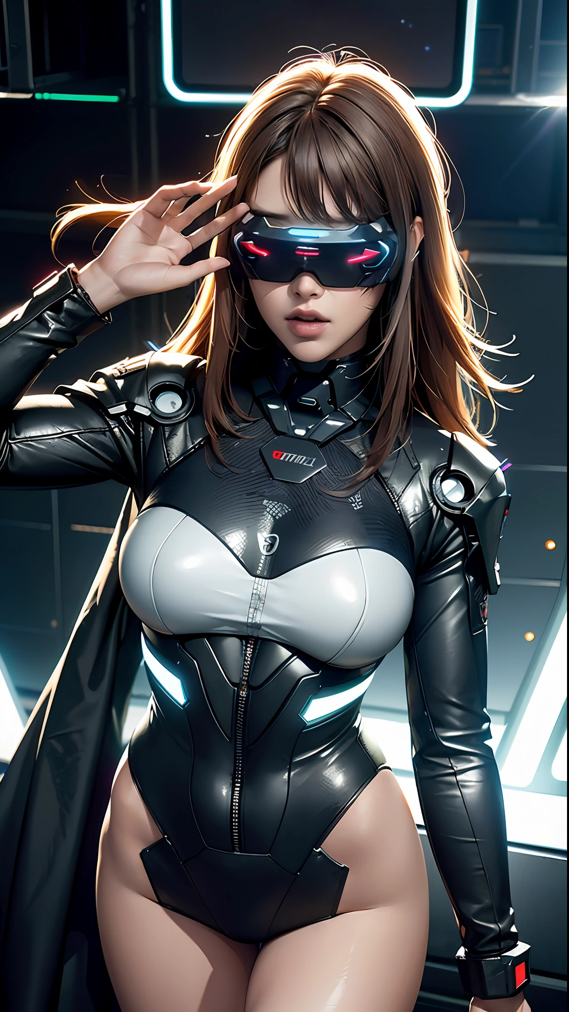 ((Best quality)), ((masterpiece)), (highly detailed:1.3), 3D, beautiful (cyberpunk:1.3) female hacker with thick voluminous hair operating a computer terminal,head-mounted display, computer servers, LCD screens, fibre optic cables, corporate logos,HDR (High Dynamic Range),Ray Tracing,NVIDIA RTX,Super-Resolution,Unreal 5,Subsurface scattering,PBR Texturing,Post-processing,Anisotropic Filtering,Depth-of-field,Maximum clarity and sharpness,Multi-layered textures,Albedo and Specular maps,Surface shading,Accurate simulation of light-material interaction,Perfect proportions,Octane Render,Two-tone lighting,Low ISO,White balance,Rule of thirds,Wide aperature,8K RAW,Efficient Sub-Pixel,sub-pixel convolution,luminescent particles,