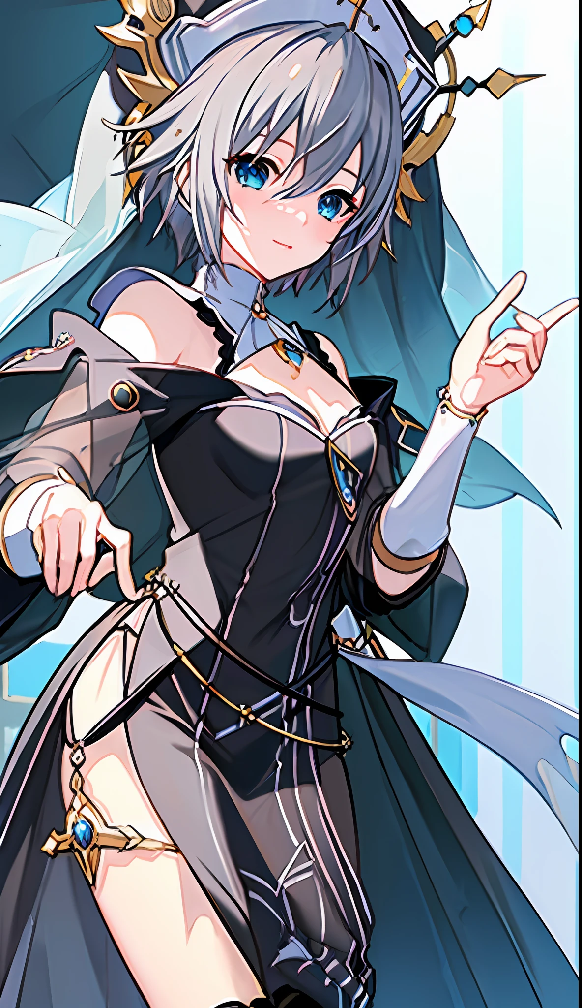 (((Masterpiece)))), (((Best Quality)))), (((Very Detailed))), Detailed Fingers, Precise Fingers, Non-Unnatural Hands, Gold Hair Ornament, White Sister Hat, Illustration, Black Sister Veil, Black Knee High Boots, Black Monastic Clothing, NIA, Dynamic Pose