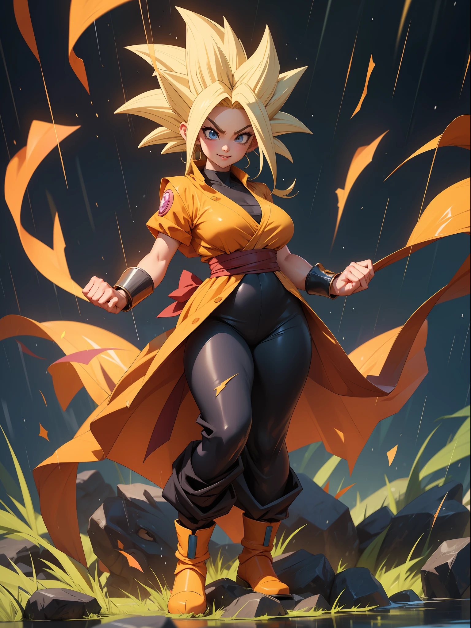((Full body photo, feet on the ground, straight body, Dragon Ball Anime)), ((Laura/woman, big breasts, extremely beautiful)), ((Super Saiyan Superior Instinct)) {transformed into Super Saiyan} wearing Son Goku child's costume/extremely tight on body, emanating golden magic aura circling furiously around the body. Background, completely destroyed city at night raining hard. Her outfit is soaked in water, she's staring at the viewer, smiling, fists clenched, concentrating magical aura, in a front-facing attack pose. Anime Dragon Ball, high detail, anime, 16k, UHD, retina, retina, ccurate, anatomically correct, textured skin, super detail, high quality, award winning