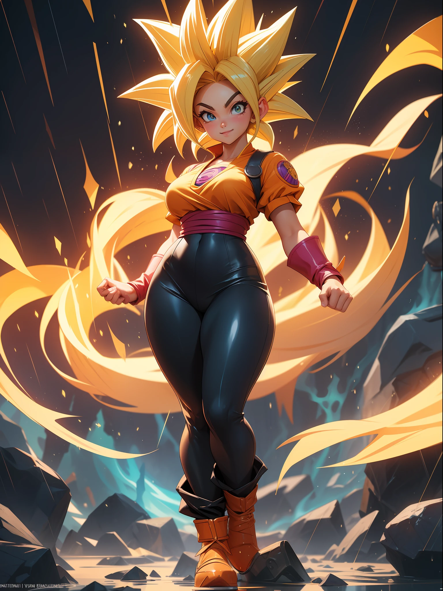((Full body photo, feet on the ground, straight body, Dragon Ball Anime)), ((Laura/woman, , extremely beautiful)), ((Super Saiyan Superior Instinct)) {transformed into Super Saiyan} wearing Son Goku child's cosextremely tight on body, emanating golden magic aura circling furiously around the body. Background, completely destroyed city at night raining hard. Her outfit is soaked in water, she's staring at the viewer, smiling, fists clenched, concentrating magical aura, in a front-facing attack pose. Anime Dragon Ball, high detail, anime, 16k, UHD, retina, retina, ccurate, anatomically correct, textured skin, super detail, high quality, award winning