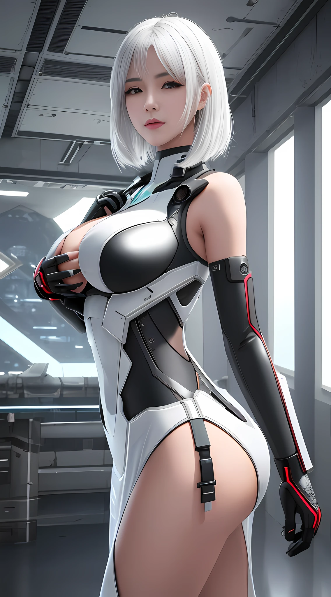 ((8k, masterpiece, best quality)), ultra-detailed, detailed beautiful round eyes, beautifully detailed face, (beautiful detailed ), high quality, high resolution, cyberpunk, beautiful, Reality, HDR (High Dynamic Range), Ray Tracing, NVIDIA RTX, Super Resolution, Unreal 5, Subsurface Scattering, PBR Textures, Post Processing, Anisotropic Filtering, Depth of Field, Maximum Clarity and Clarity, Multilayer Textures, Albedo and Specular maps, Surface shading, accurate simulation of light-material interaction, perfect proportions, Octane Render, two-tone lighting, large aperture, low ISO, white balance, rule of thirds, 8K RAW, efficient sub-pixel, sub-pixel volume product, cyborg girl wearing  outfit, massive , (see-through dress:1.2), mecha, ruins of city, perfect , perfect , perfect face, perfect body, nighttime,  body, white hair, hands on, (short hair:1), (female mecha:1), ()