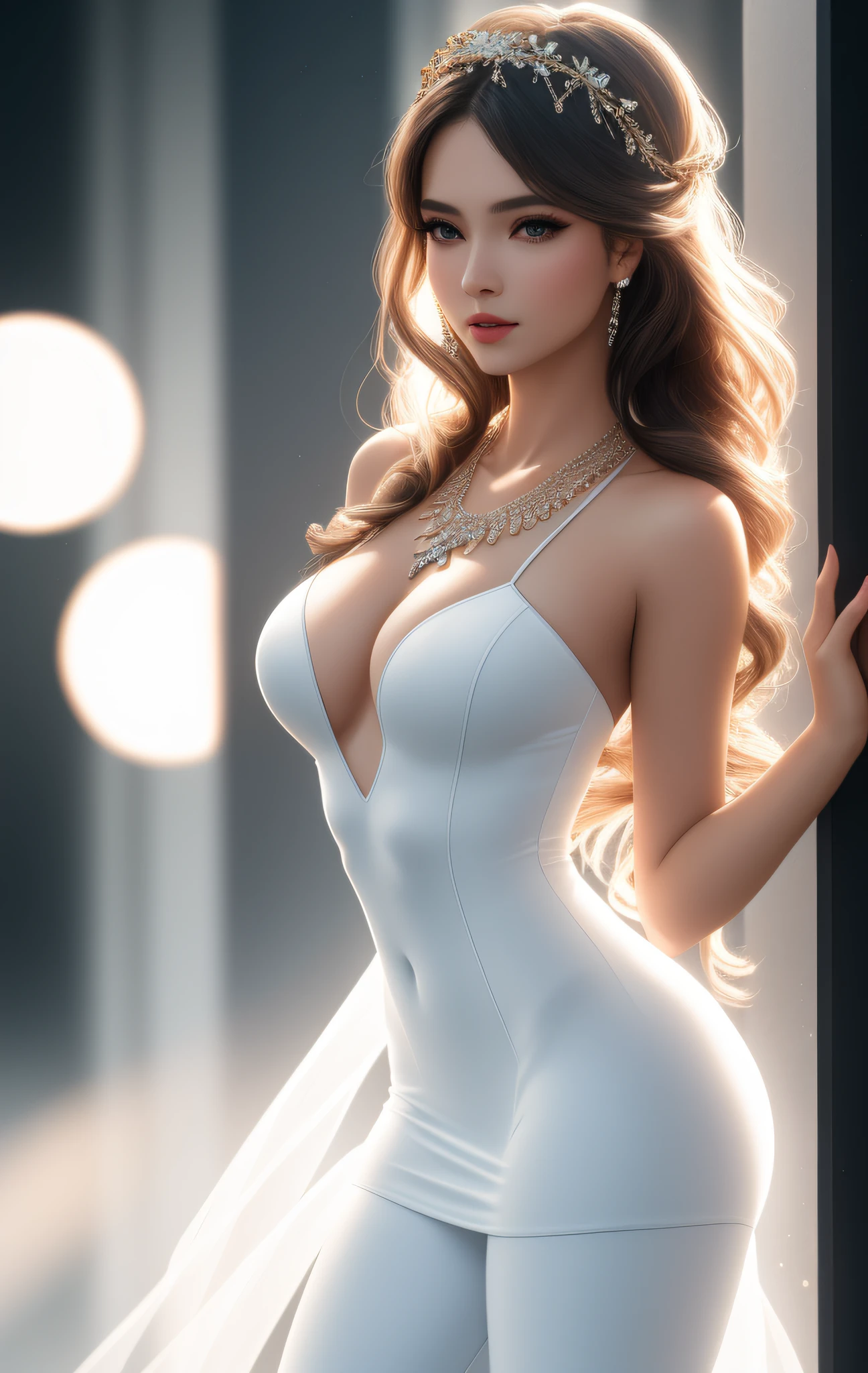 Best Quality, Masterpiece, High Resolution, 1 Girl, Porcelain Dress, Hair Accessories, Necklace, Jewelry, Beautiful Face, Physics, Tyndall Effect, Realism, Dark Studio, Edge Lighting, Two-tone Lighting, (High Detail Skin: 1.2), 8k UHD, DSLR, Soft Light, High Quality, Volumetric Light, Voyeur, Photo, High Resolution, 4K, 8K, Background Blur, Big Bust, Full Body, Long Legs, High Heels, White Leggings, Refined Face