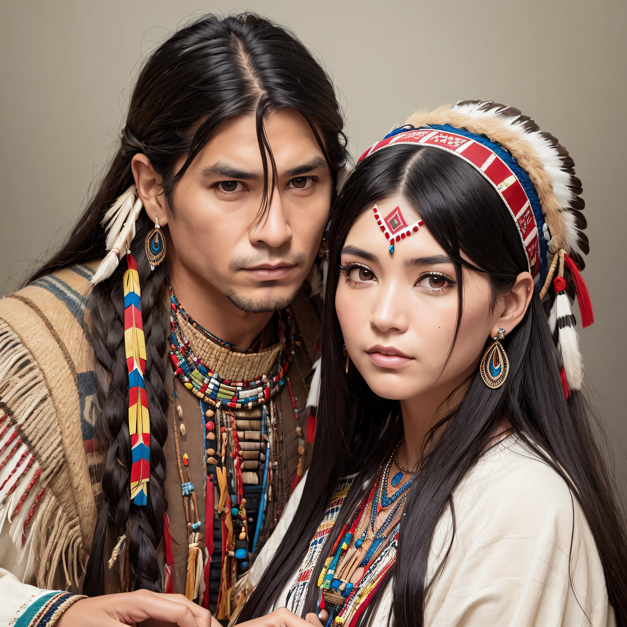 For the United States, the couple is dressed in traditional Native American clothing. The woman has long, dark hair, with a serious expression, while the man has a determined and strong look. Both carry the wisdom and history of their culture in their expressions. --auto --s2