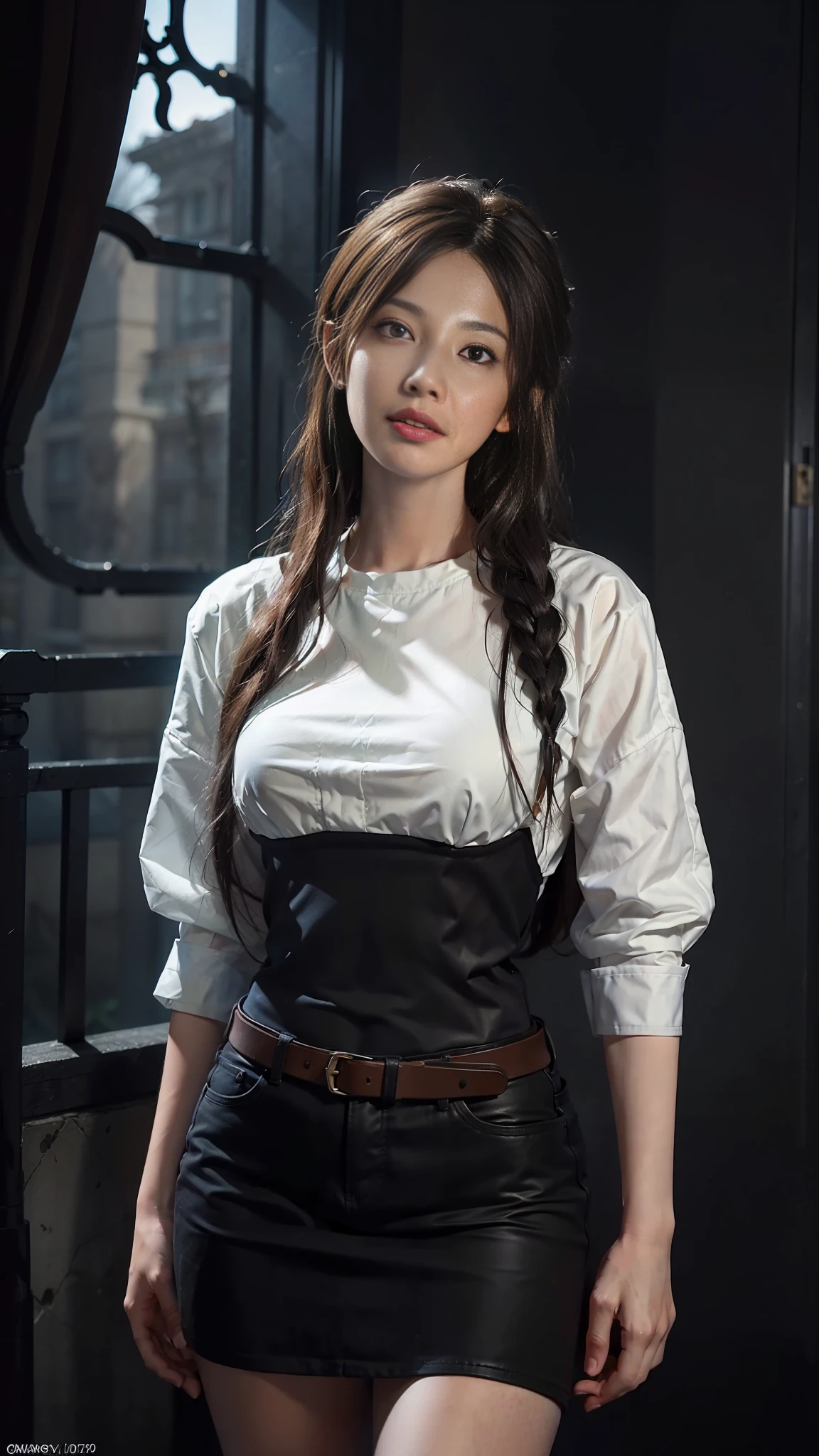 Hyperrealist portrait of female by david hockney and alphonse mucha,fantasy art, photo realistic, dynamic lighting, artstation, poster, volumetric lighting, very detailed faces, 4 k, award winning,, 1girl, in the dark, deep shadow, low key,cowboy shot,(official clothing:1.4) ,long hair,white hair,