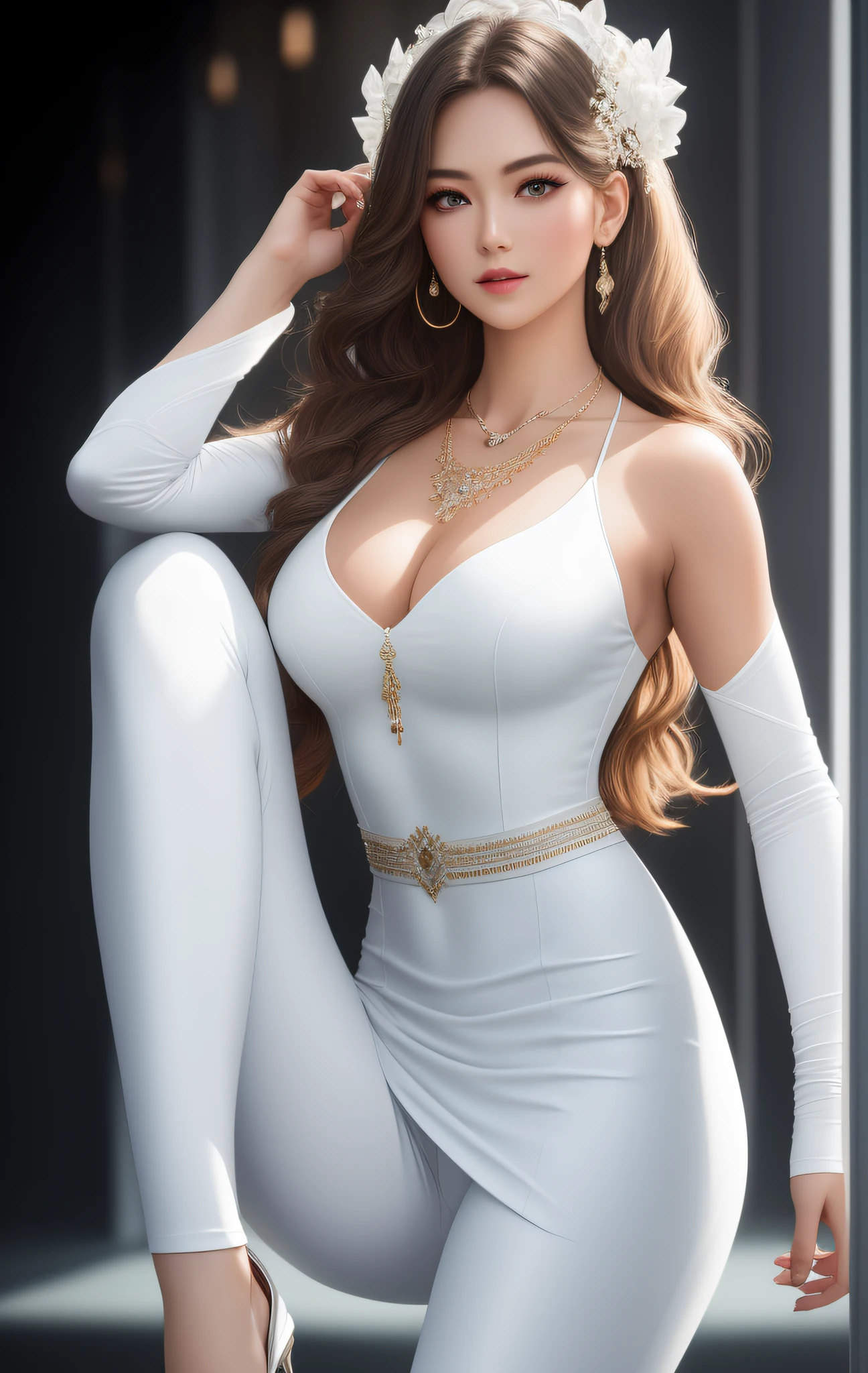 Best Quality, Masterpiece, High Resolution, 1 Girl, Porcelain Dress, Hair Accessories, Necklace, Jewelry, Beautiful Face, Physics, Tyndall Effect, Realism, Dark Studio, Edge Lighting, Two-tone Lighting, (High Detail Skin: 1.2), 8k UHD, DSLR, Soft Light, High Quality, Volumetric Light, Voyeur, Photo, High Resolution, 4K, 8K, Background Blur, Big Bust, Full Body, Long Legs, High Heels, White Leggings, Refined Face