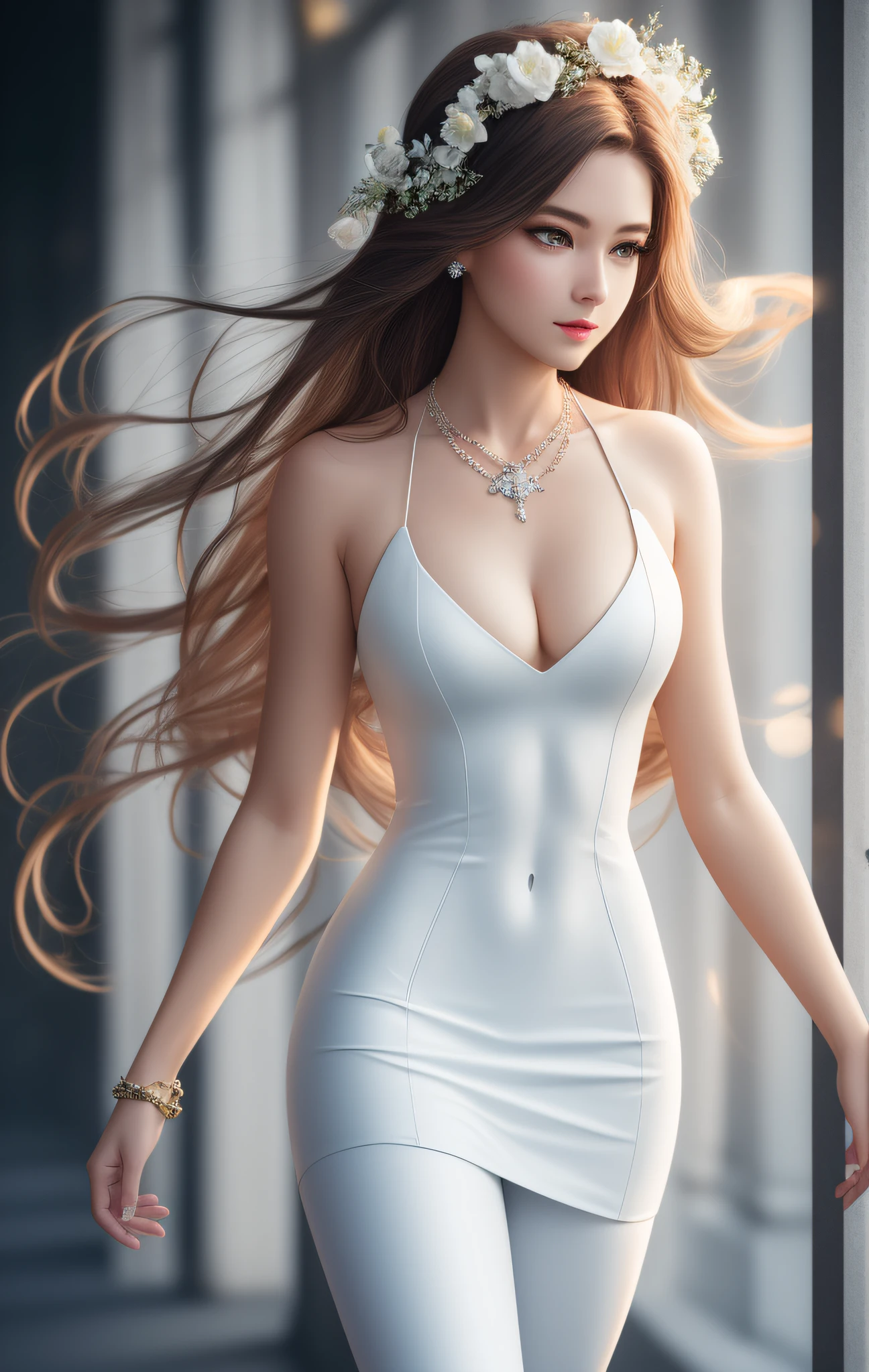 Best Quality, Masterpiece, High Resolution, 1 Girl, Porcelain Dress, Hair Accessories, Necklace, Jewelry, Beautiful Face, Physics, Tyndall Effect, Realism, Dark Studio, Edge Lighting, Two-tone Lighting, (High Detail Skin: 1.2), 8k UHD, DSLR, Soft Light, High Quality, Volumetric Light, Voyeur, Photo, High Resolution, 4K, 8K, Background Blur, Big Bust, Full Body, Long Legs, High Heels, White Leggings, Refined Face