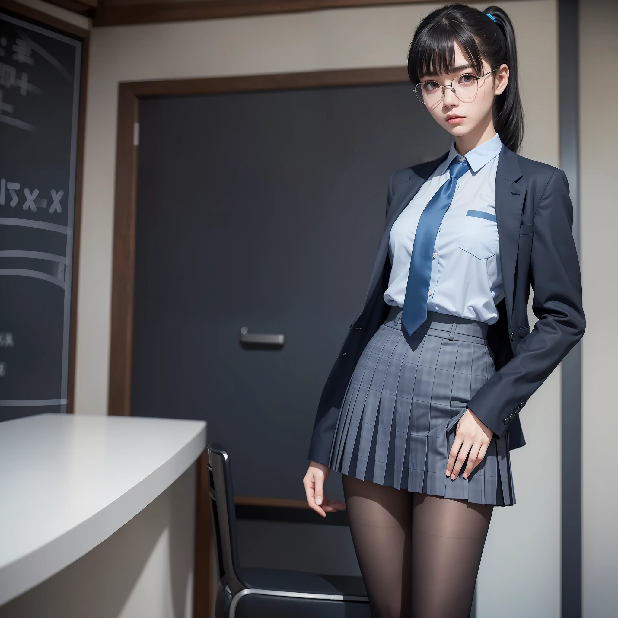 1 girl, solo,raw photo, frank, narrow eyes, full body,black pantyhose,textured skin, blue tie, short ponytail, bangs about eyebrows,(medium hair:1.2), pale skin, Japan person, glasses, small, young, tall, dark look, bright black eyes, anger, school uniform, school pleated skirt, blue and dark blue gray-silver checked skirt dark blue× blue check, Slender Body, Medium Build, Small Waist, Wide Thighs, Photorealistic, Top Quality, 8K, Masterpiece